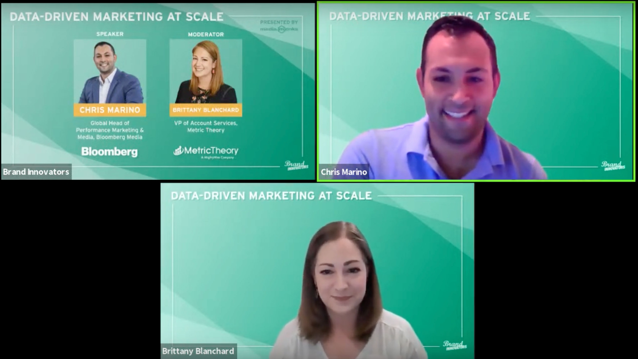 Screenshot of the Brand Innovators event, featuring an interview between Brittany Blanchard and Chris Marino.