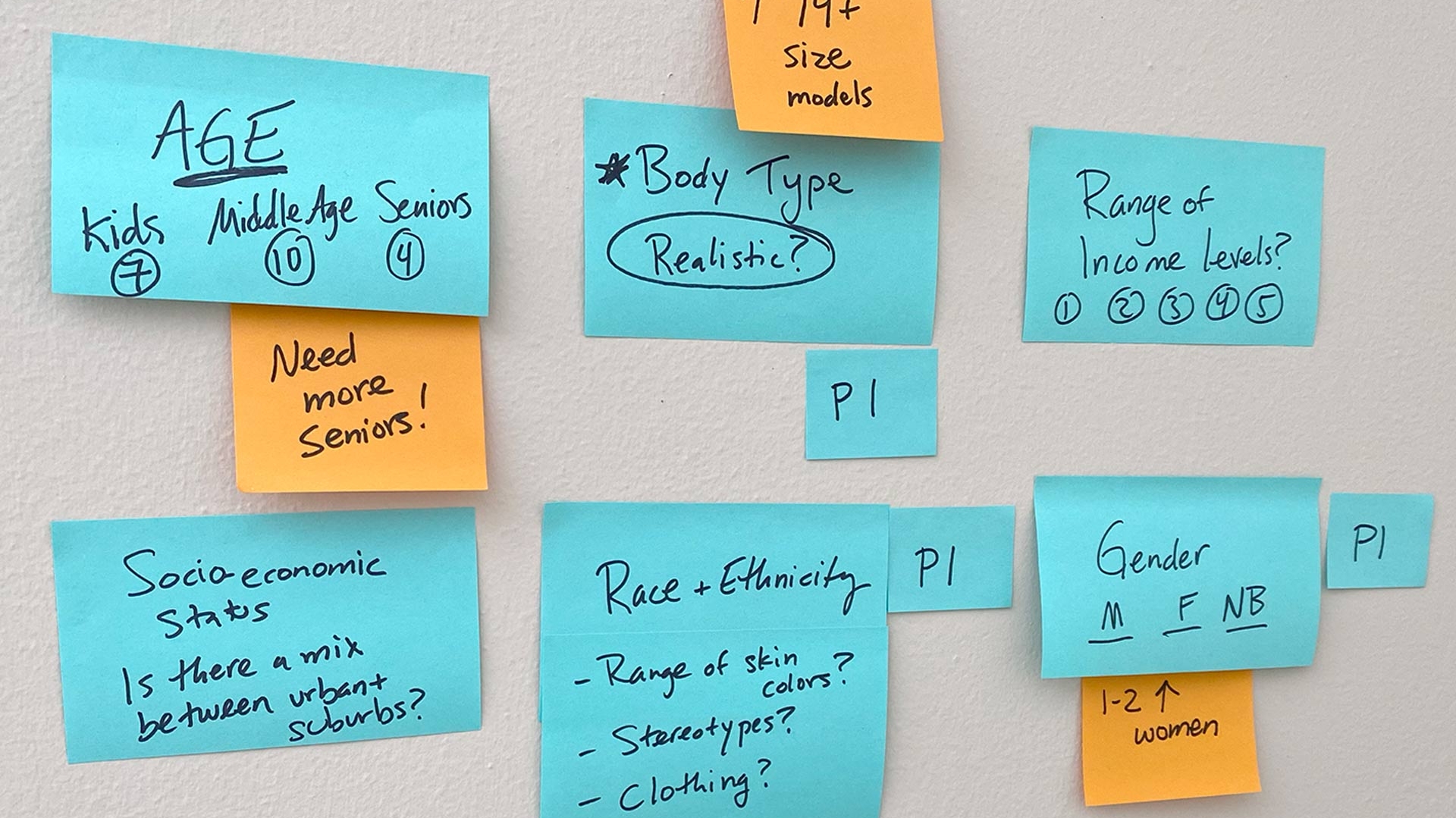 Blue and orange sticky notes on a wall