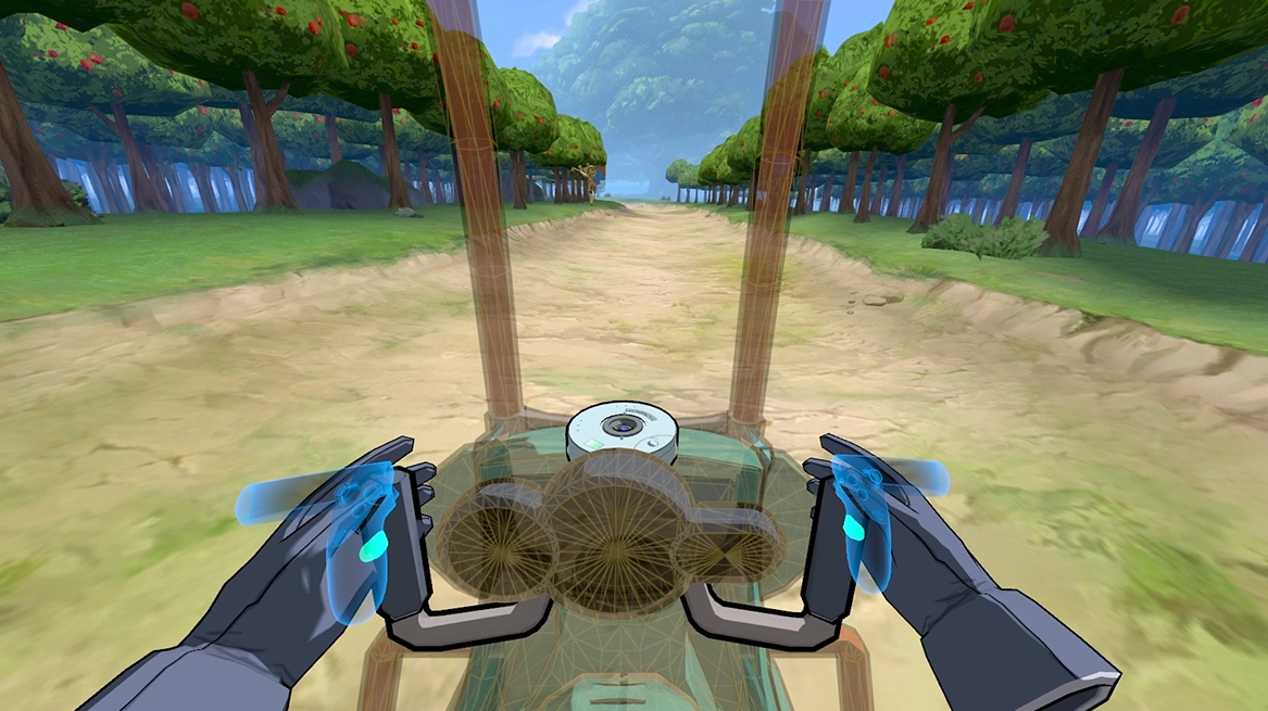 First player view of hands holding a steering wheel