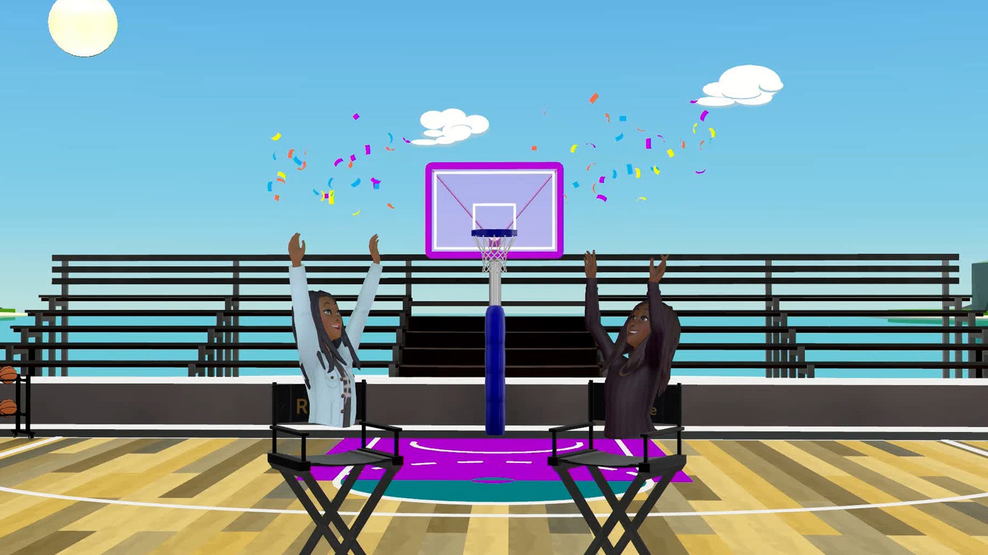 Myla Unique Minor and Renee Montgomery in the metaverse celebrating on a basketball court