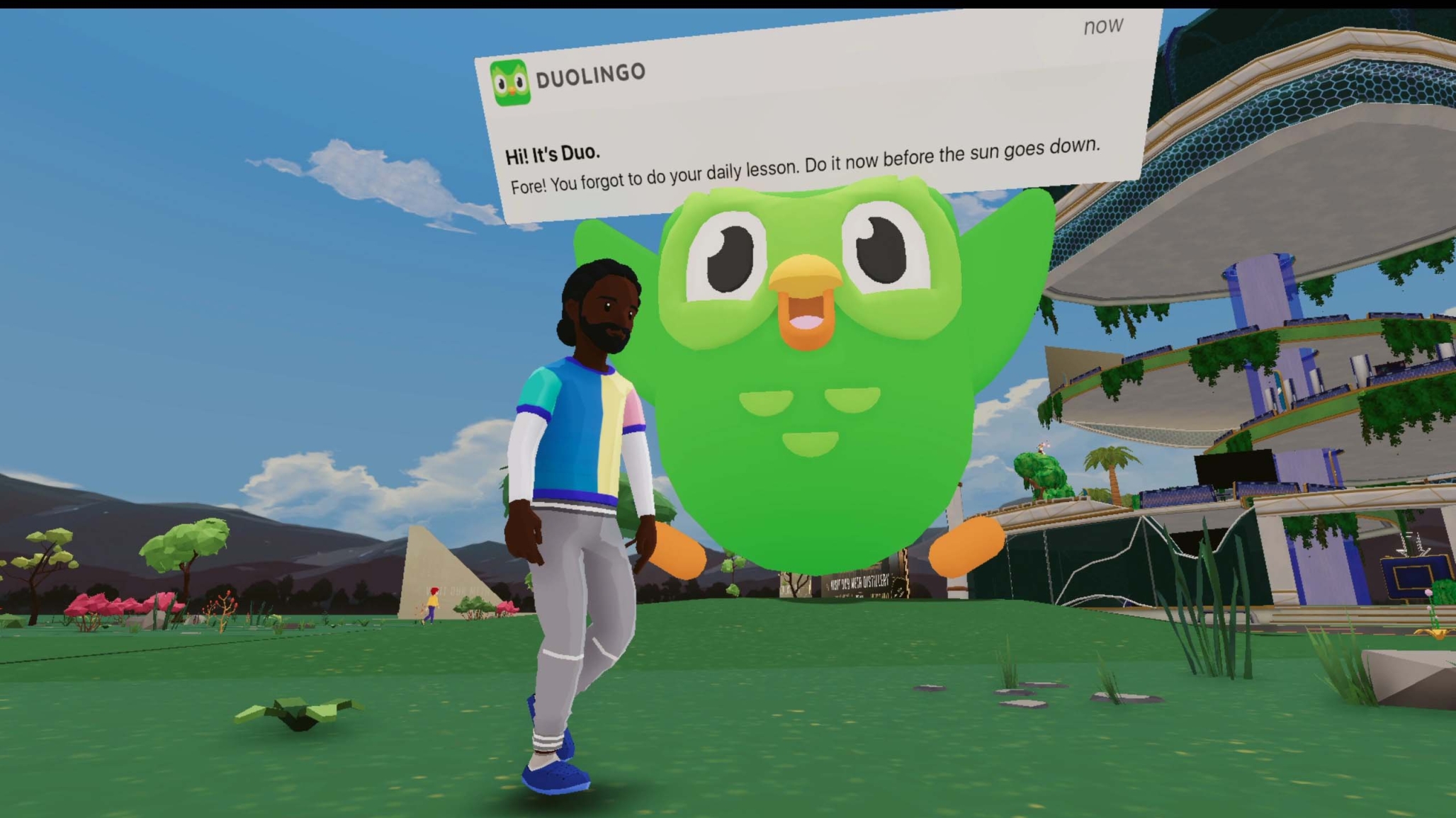 An avatar in decentraland playing duolingo game
