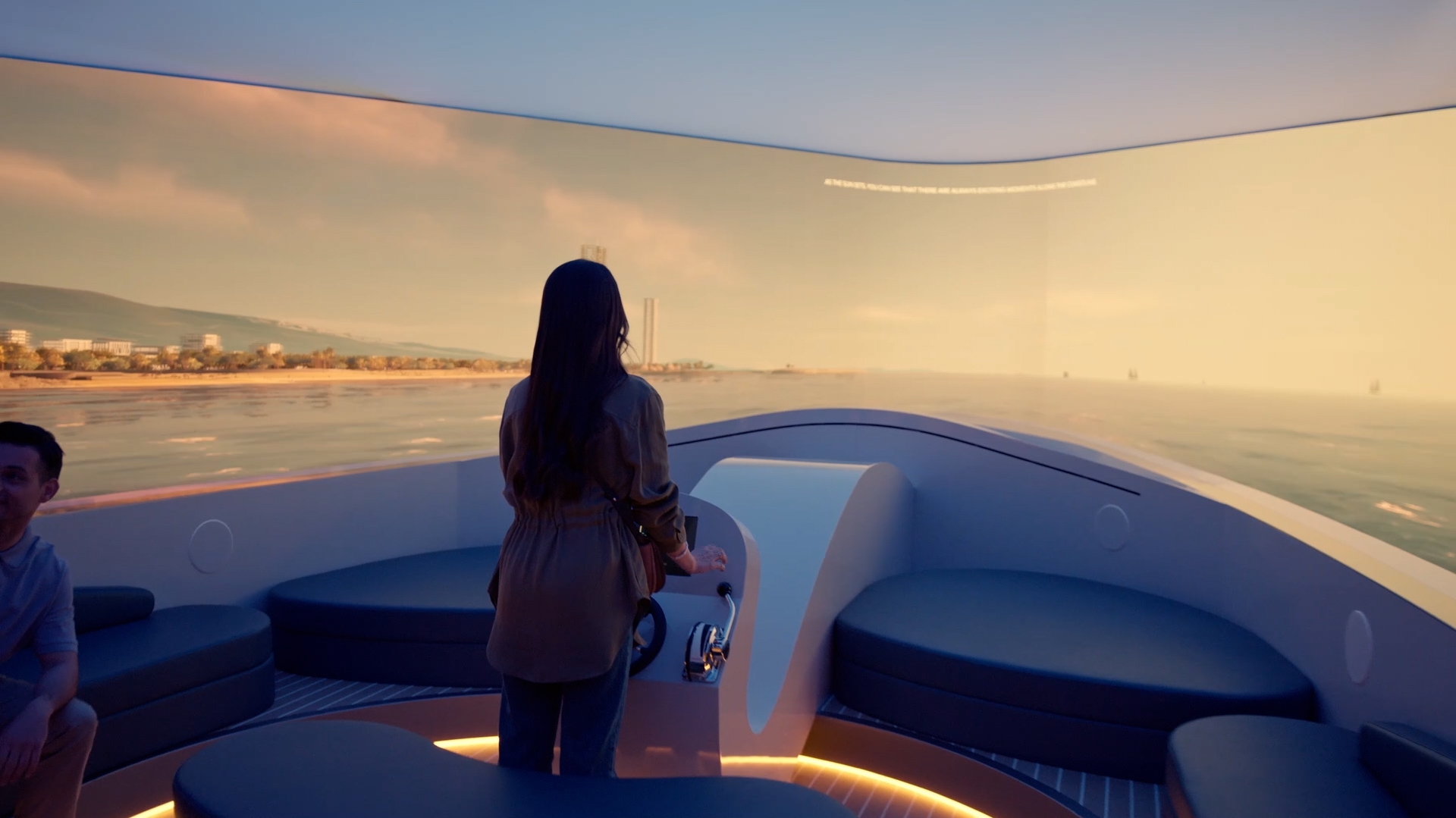 A person steering an XR boat into a virtual canal