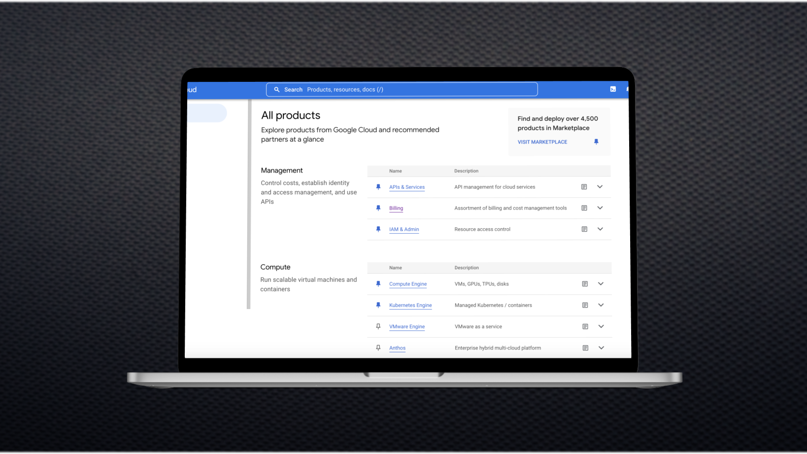 Google cloud interface on a laptop