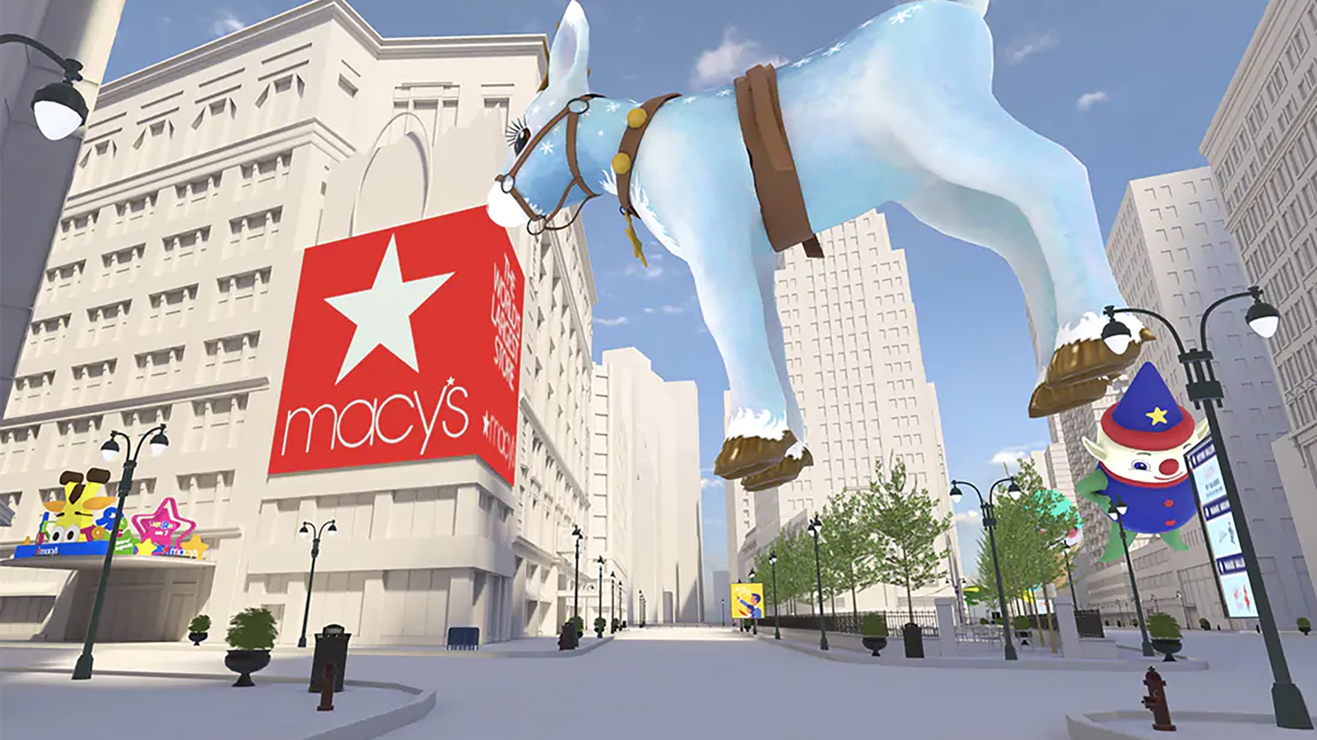 A virtual Macy's thanksgiving parade with buildings a parade floats