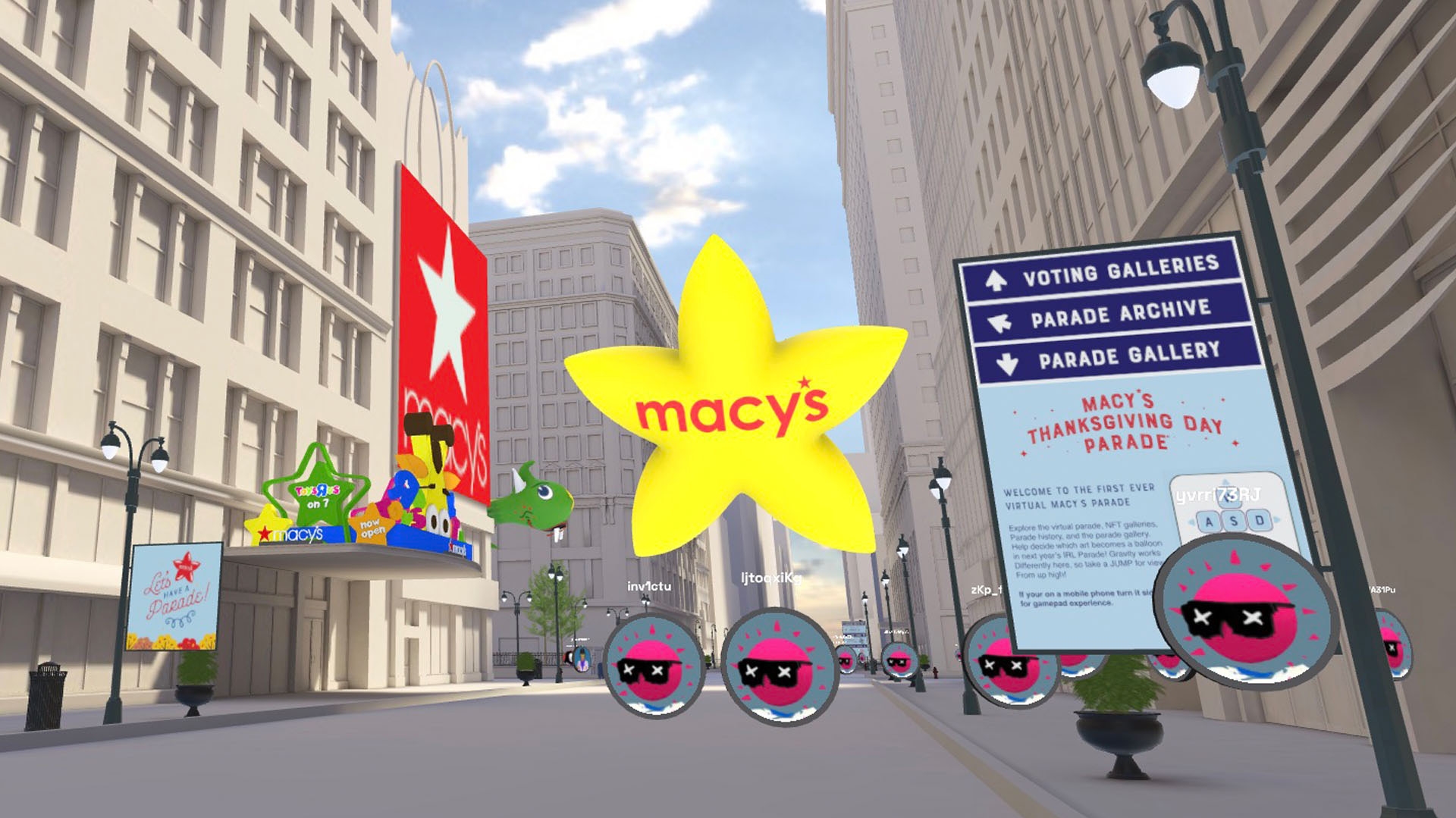 A virtual downtown new york at the Macy's parade with balloons and buildings