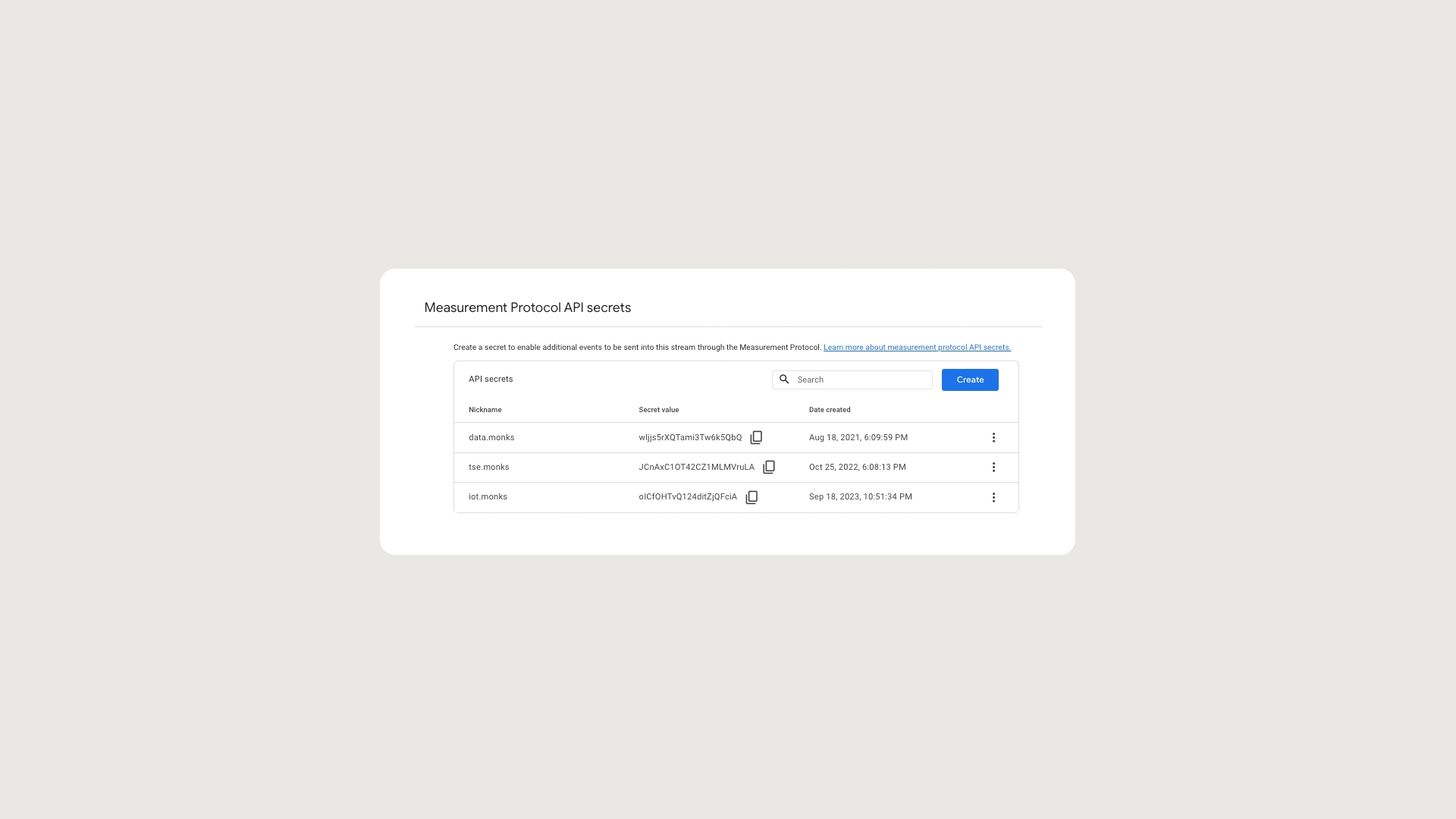 Measurement protocol API secrets