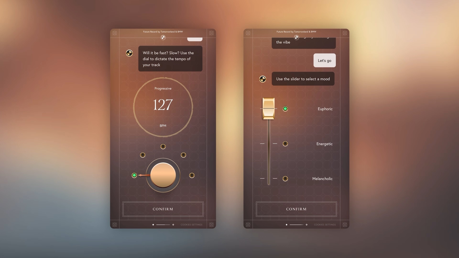Screenshots of the BMW Tomorrowland experience, which features knobs and settings in a chat environment enabling users to create a song with AI.