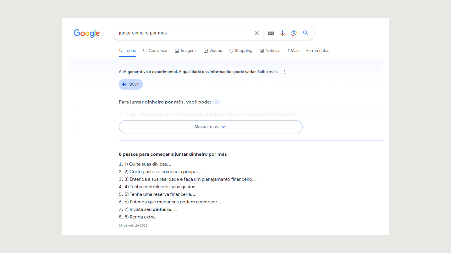 screenshot of results when looking for financial info