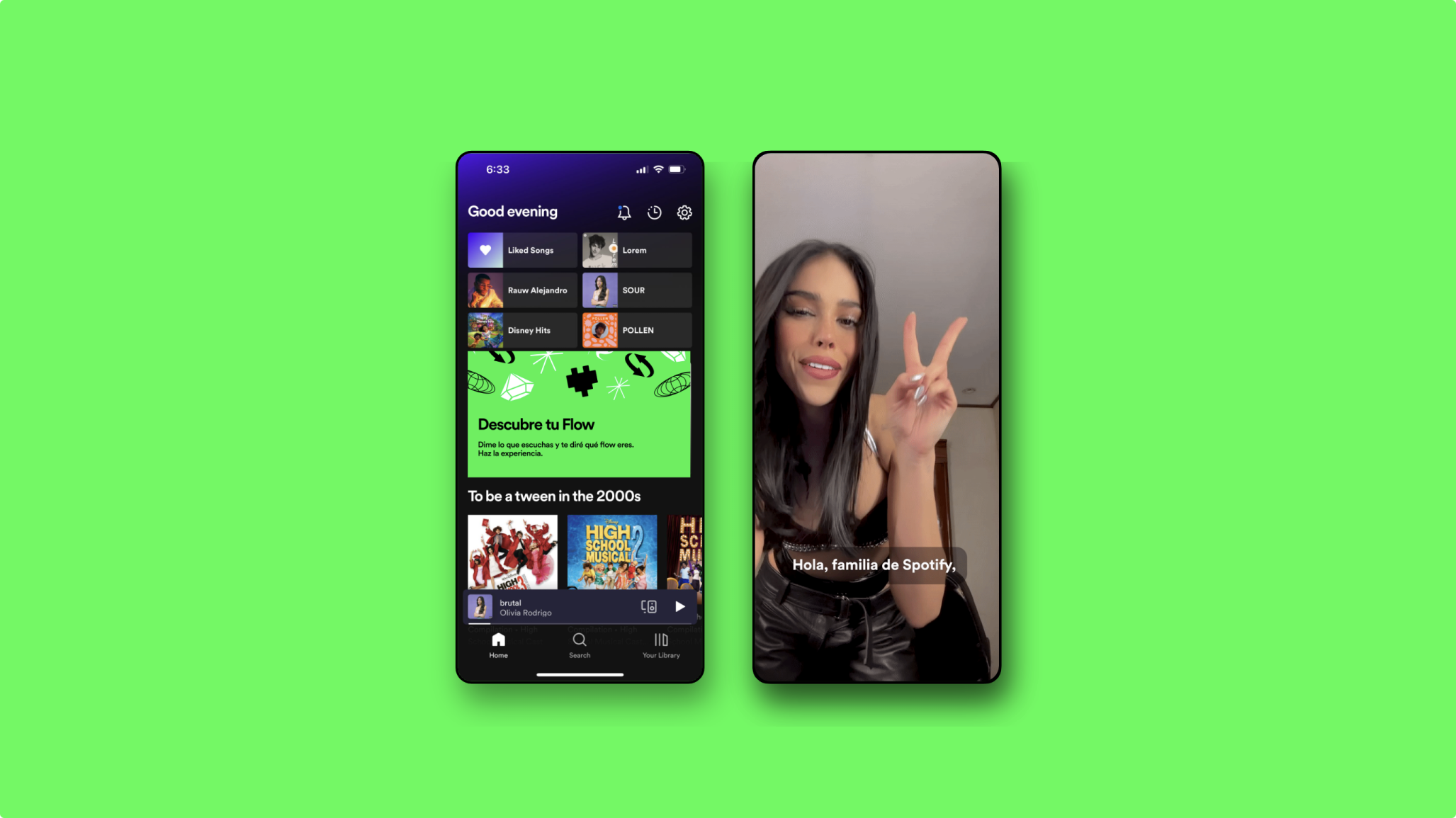 Bright green background with 2 mobile phone mockups showcasing the Sportify screens.
