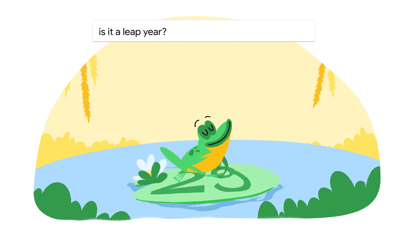 Animation of a frog in a pond. With at the top the search bar saying: 'is it leap year?'