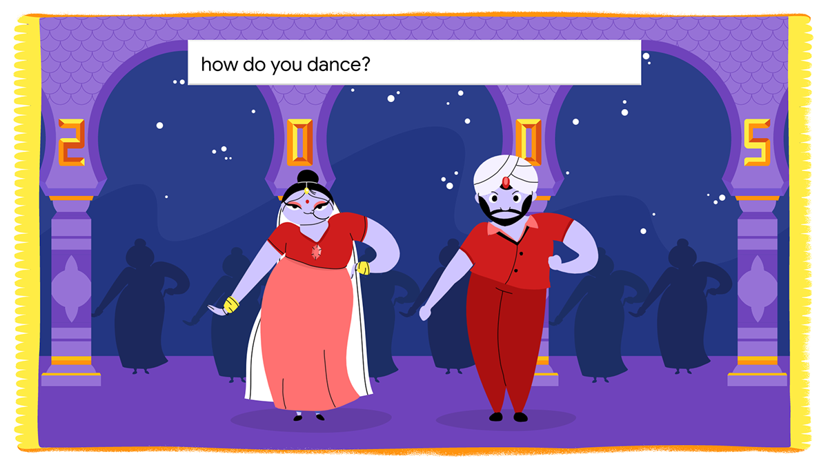 Animation of two people dancing an Indian style dance. With at the top the search bar saying: 'how do you dance?'
