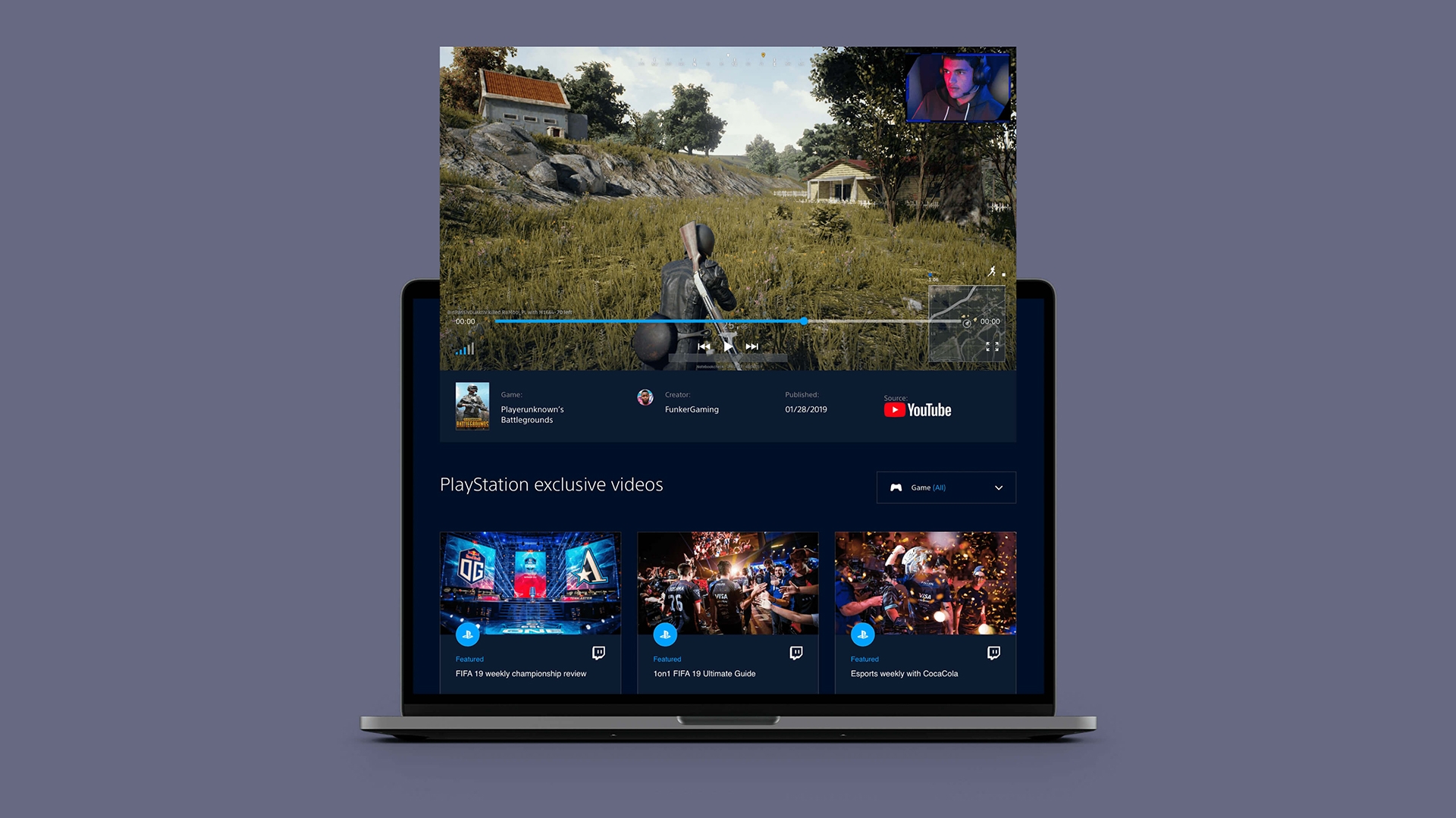 Mockup of a laptop and mobile showing different video choises for the Playstation.
