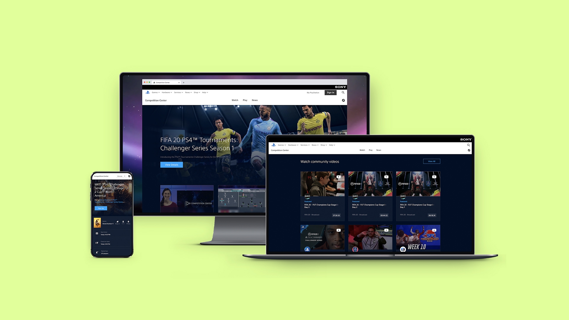 Mockup of a laptop and mobile showing the FIFA start screen for the Playstation.