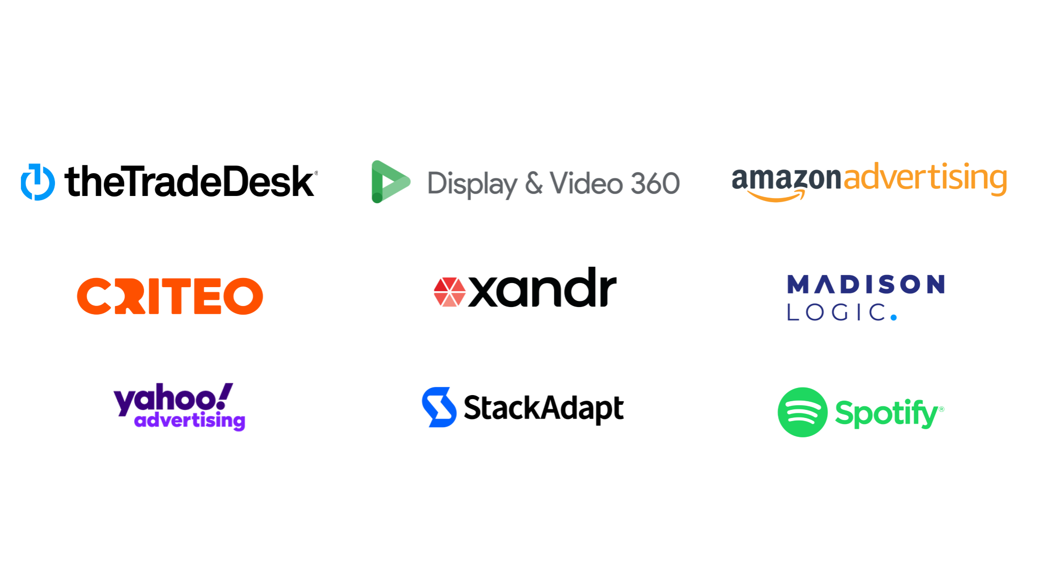 Logos for variety of leading DSPs, including TheTradeDesk, DisplayVideo360, Amazon Advertising, and more