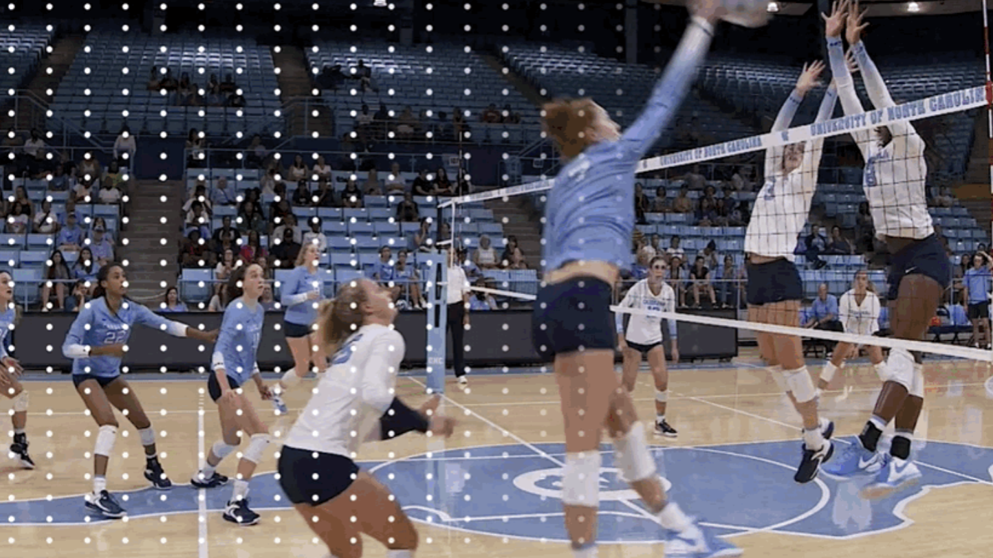 Image of a volleyball game overlaid with digital information.