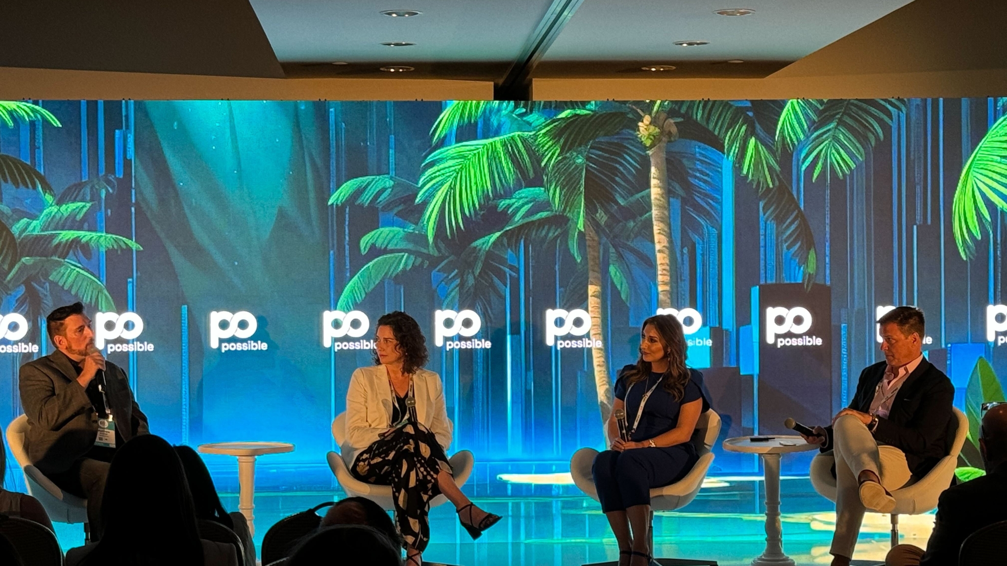 Matthew Kramer, far left, speaking on a panel at POSSIBLE Miami.