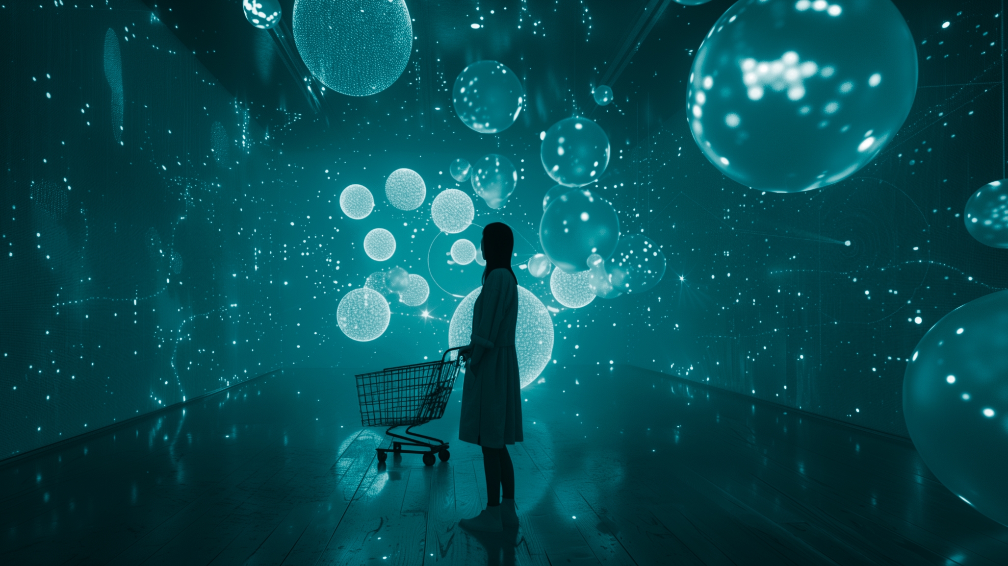 lady standing in a room with a shopping cart, surrounded by light projections and spheres