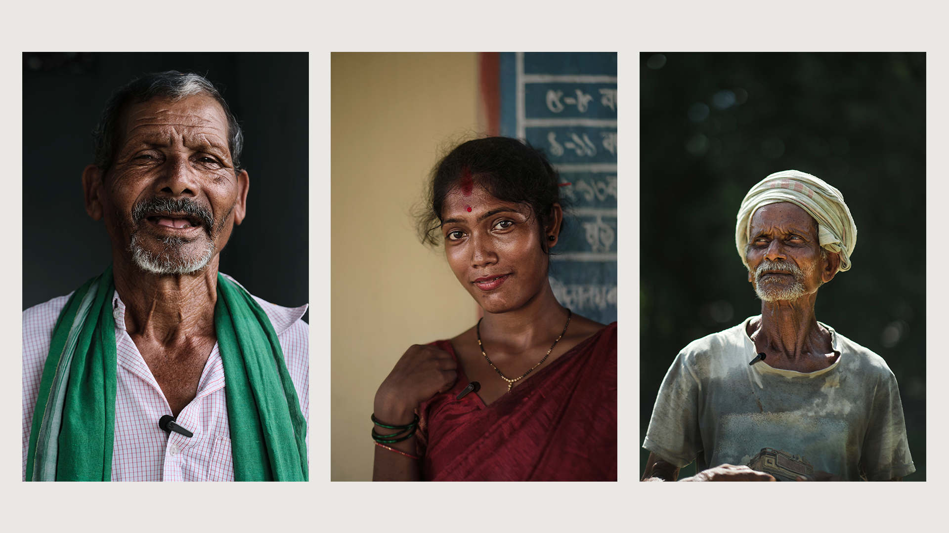 Three close up portraits of Indian people they all wear a small microphone.