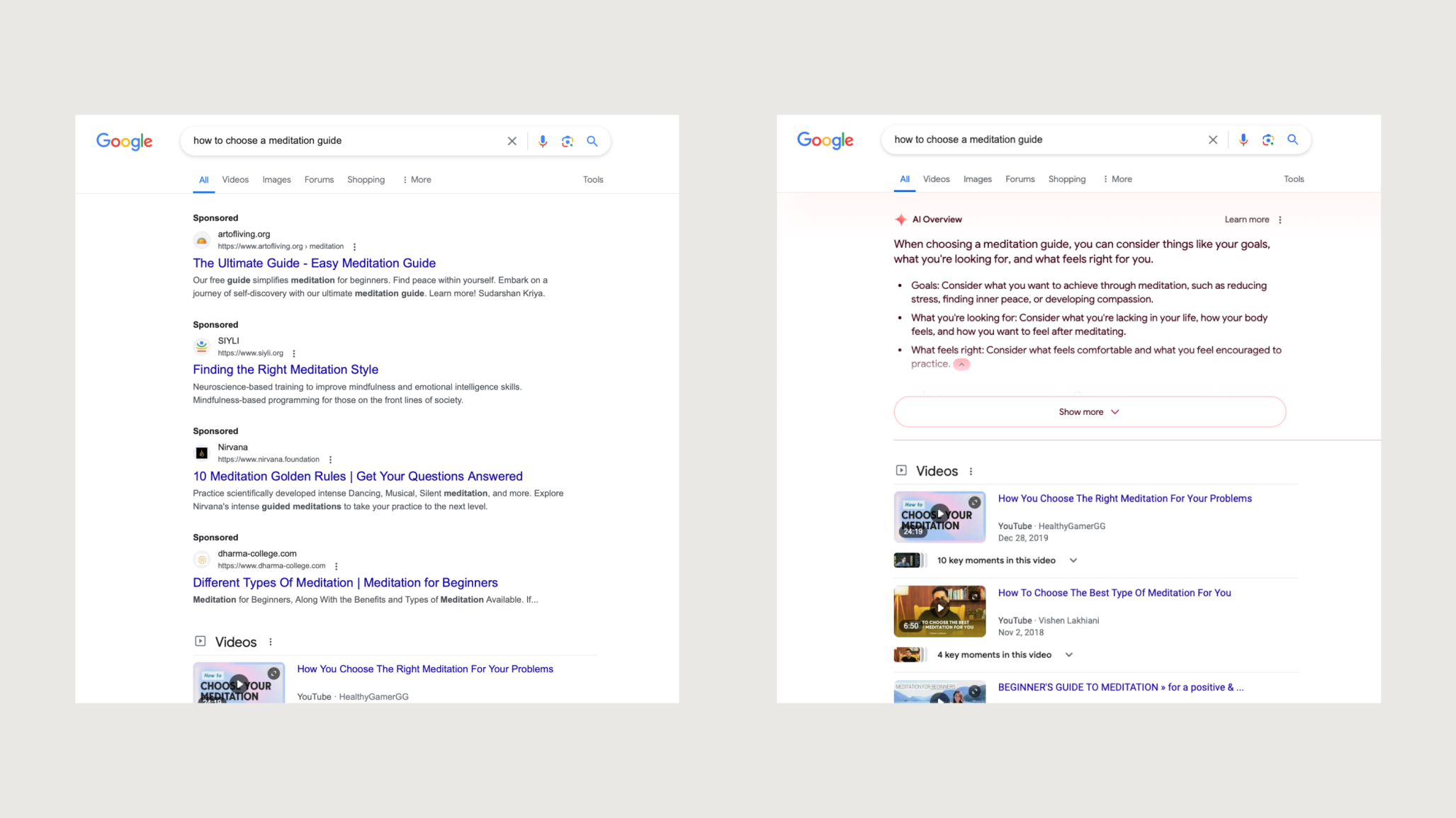 Google search results comparing the SERP before AI Overviews and after AI Overviews