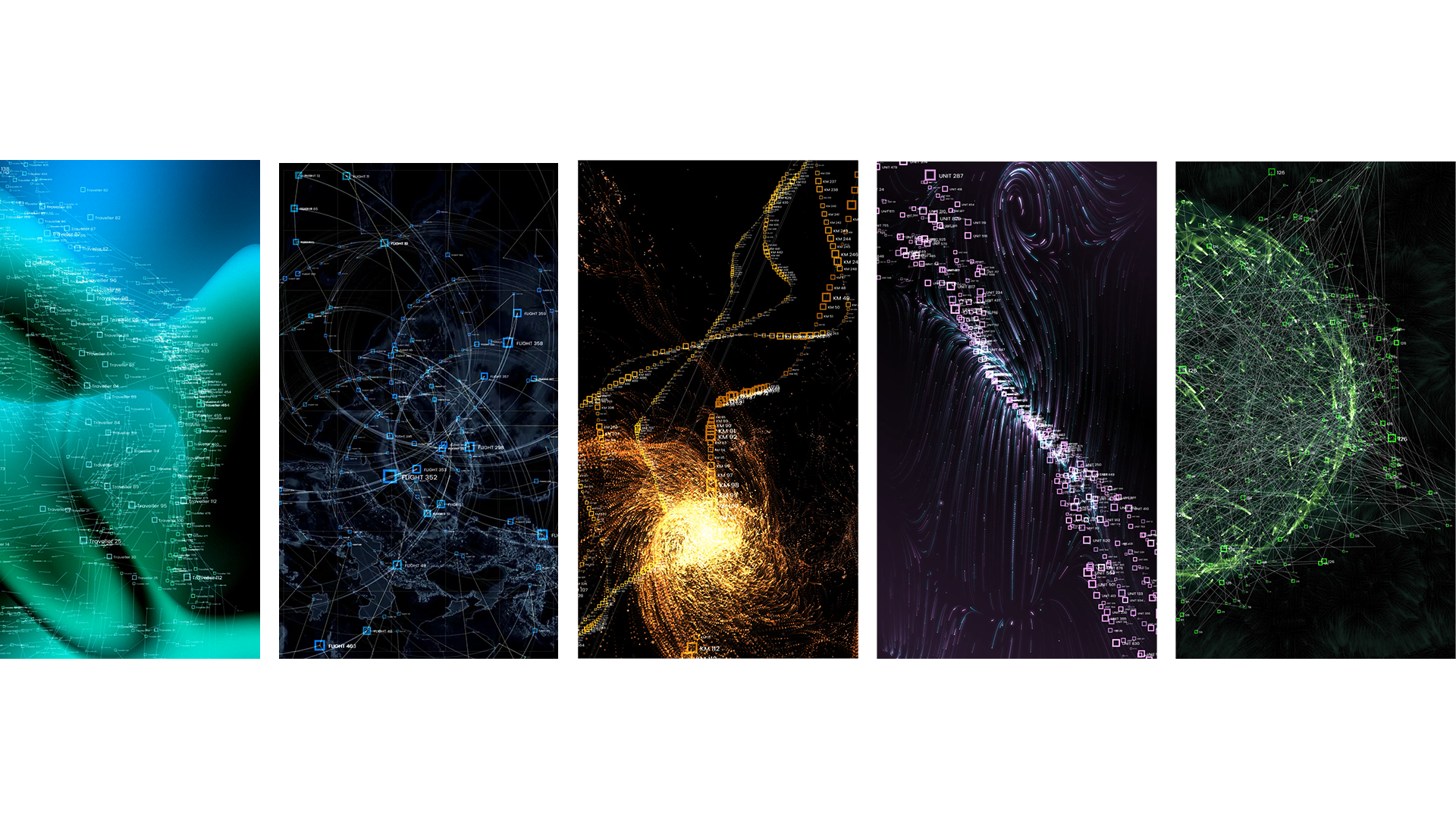Overview of 5 vertical images of abstract vizualizations of data in different color patterns.