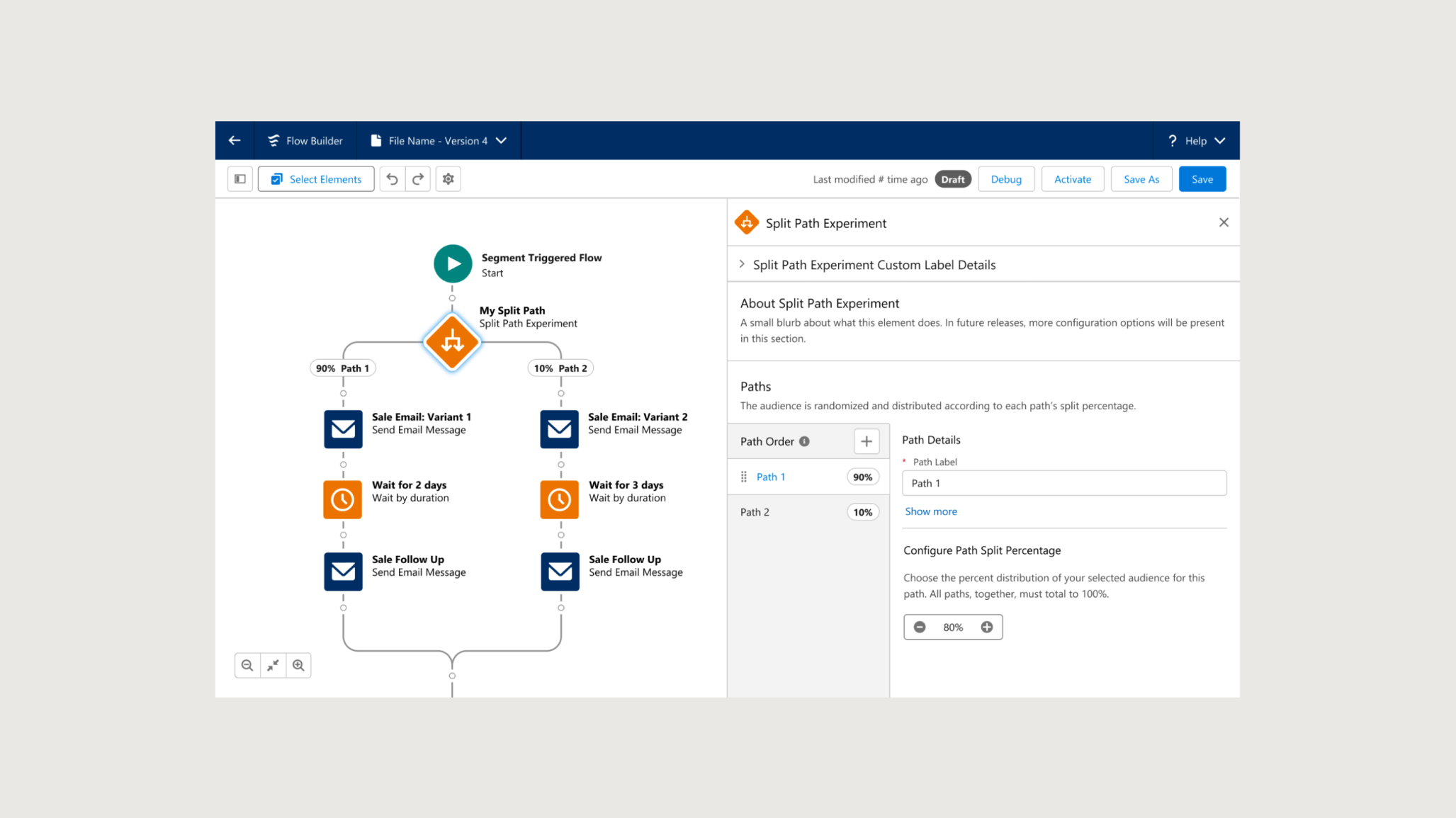 A screenshot of the Path Experiment feature of Salesforce Marketing Cloud Advanced Edition.