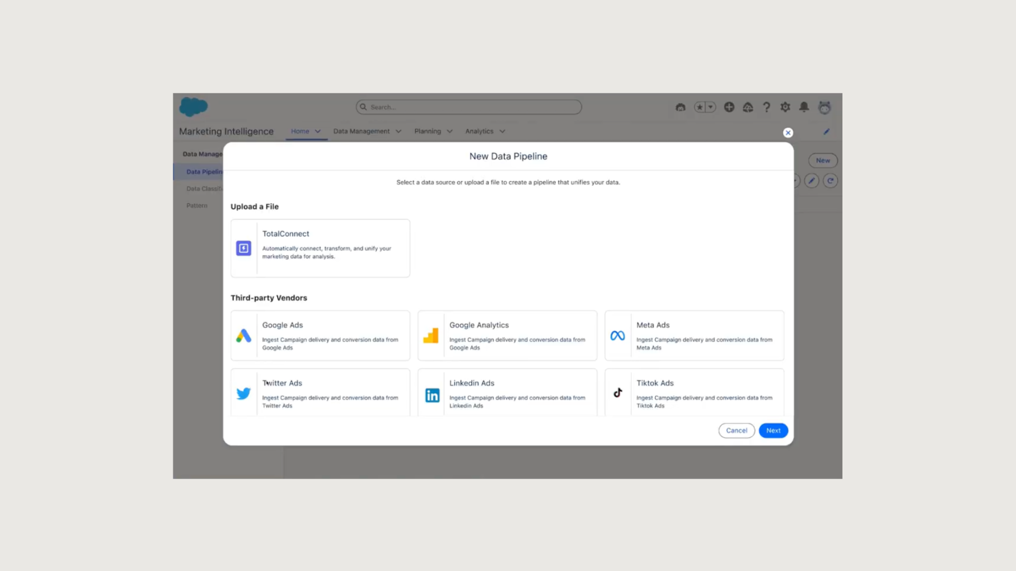 Screenshot of data ingest in Salesforce Marketing Intelligence.