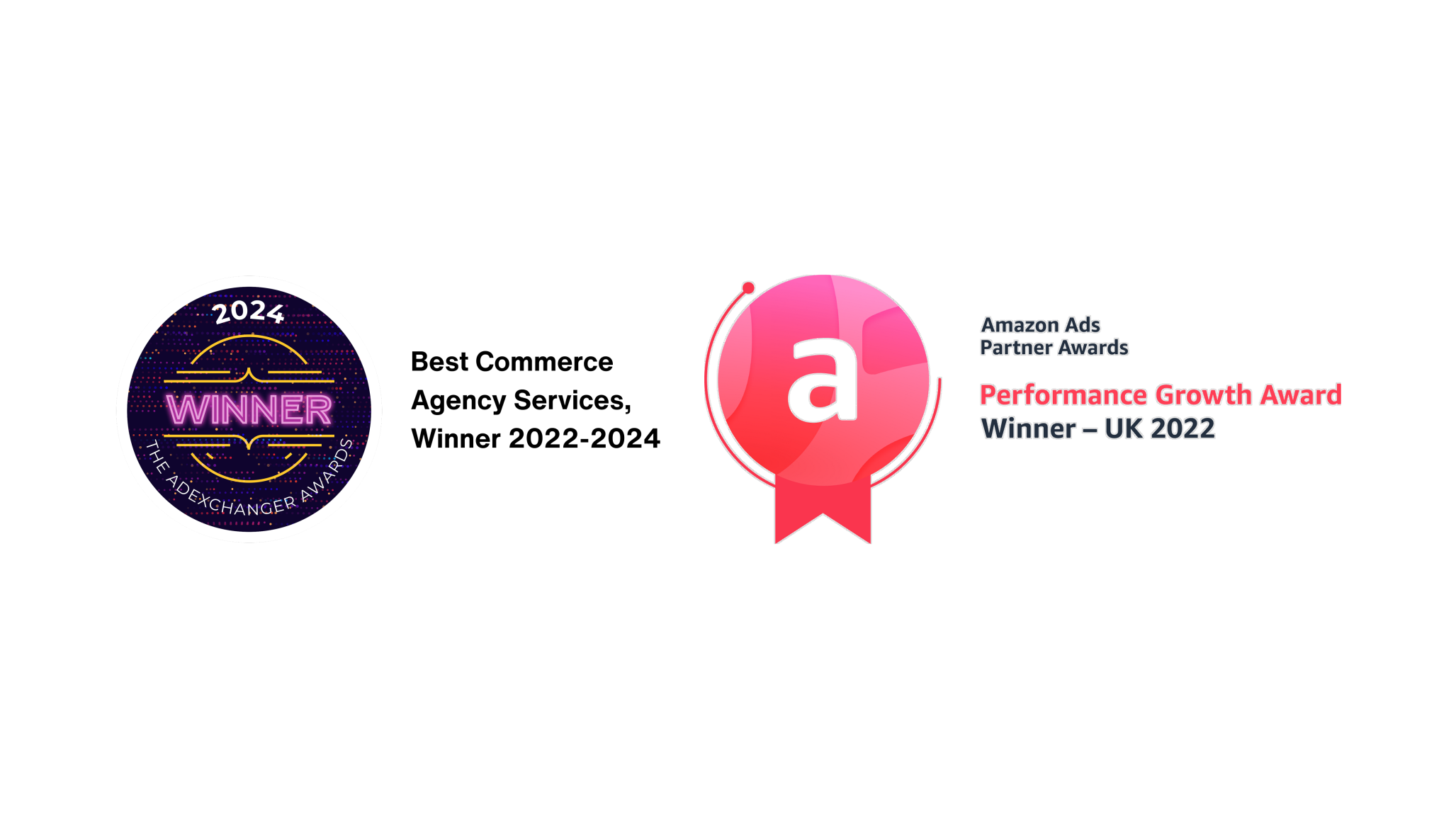 Award badges for Commerce and Retail Media services, from AdExchanger and Amazon Partner Awards