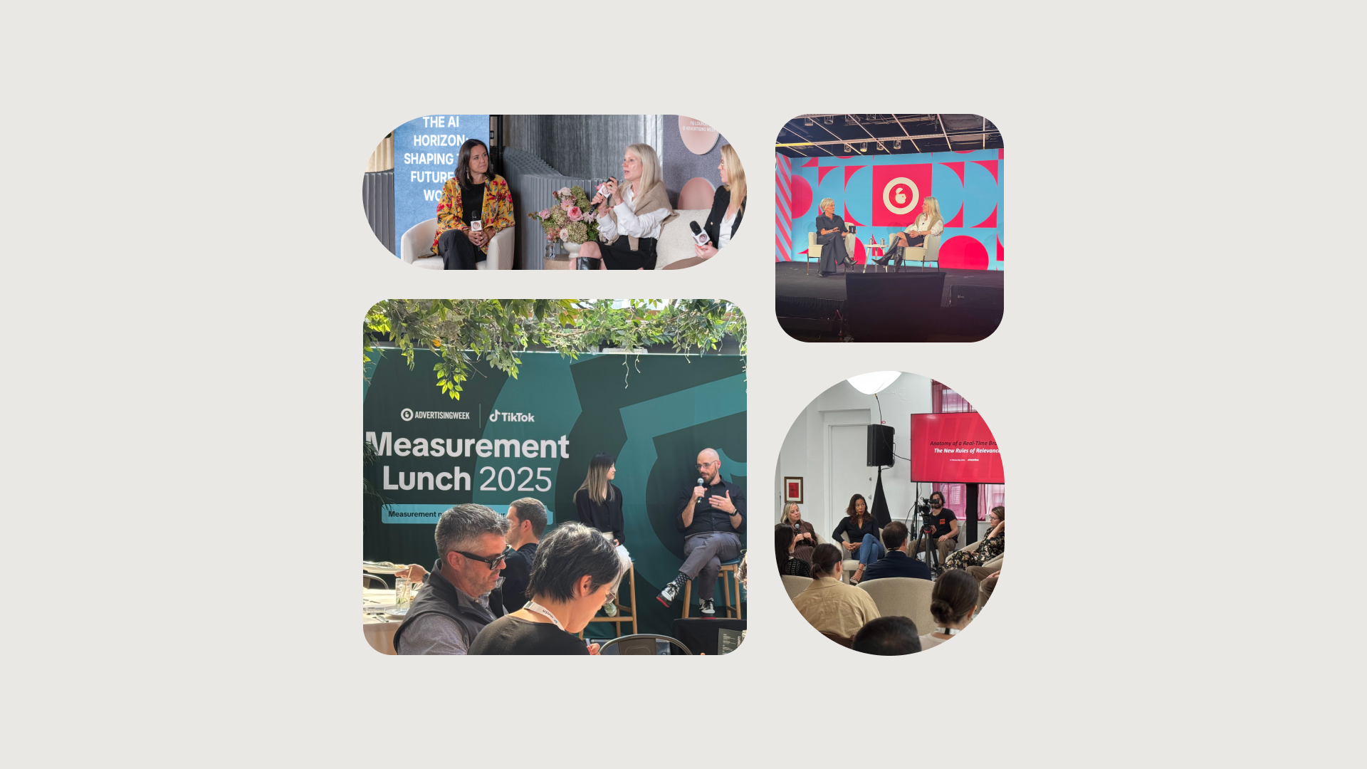 A collage of four different event photos. The top left photo shows three women sitting on a stage with a banner that reads "THE AI HORIZON SHAPING FUTURE OF W". The top right photo shows two people on a stage with a large red and blue geometric background. The bottom left photo shows a "Measurement Lunch 2025" event with several people seated at tables and a speaker on a small stage. The bottom right photo shows a group of people sitting in chairs listening to a speaker in a room with a red backdrop.