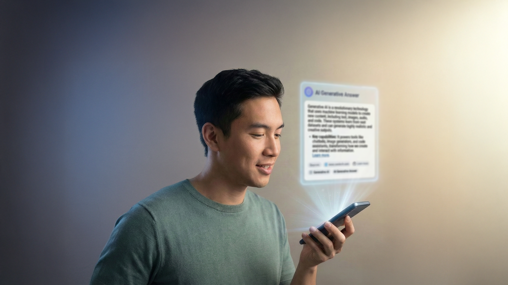 Image of a man in a t-shirt using an LLM engine from his cell phone.