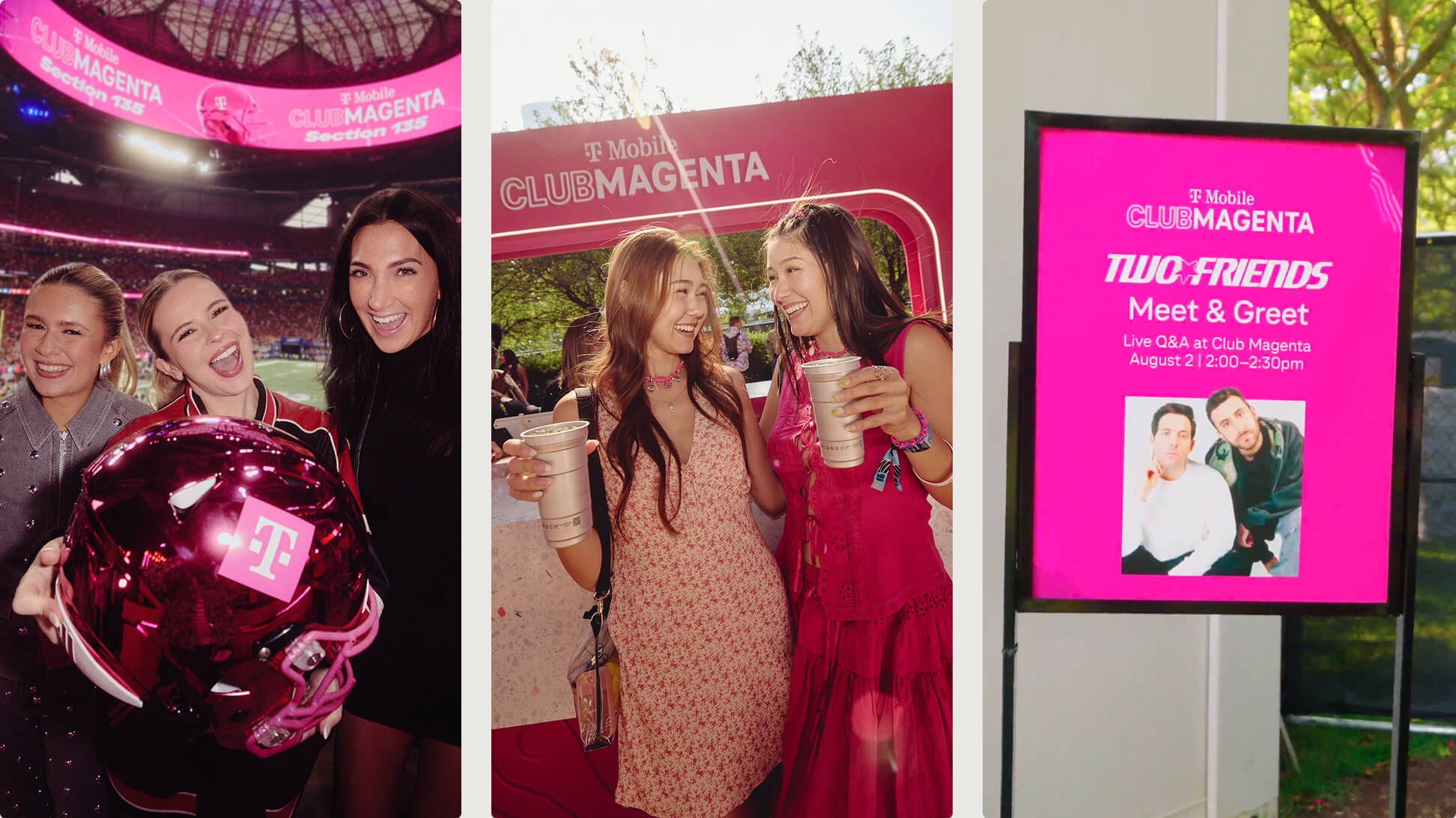 A group of women at a "Club Magenta" exclusive event for a football game, two women at a "Club Magenta" event at Lollapalooza, and a sign for an exclusive meet and greet for "Club Magenta" members.