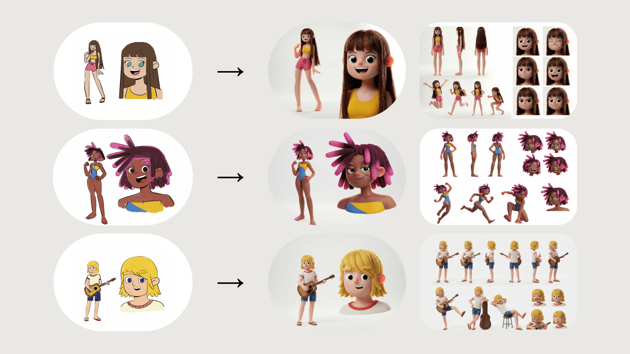 Character design sheet showing the progression of three animated characters—a brunette girl, a girl with pink dreadlocks, and a blonde boy with a guitar—from 2D sketches to final 3D models with various poses and expressions.