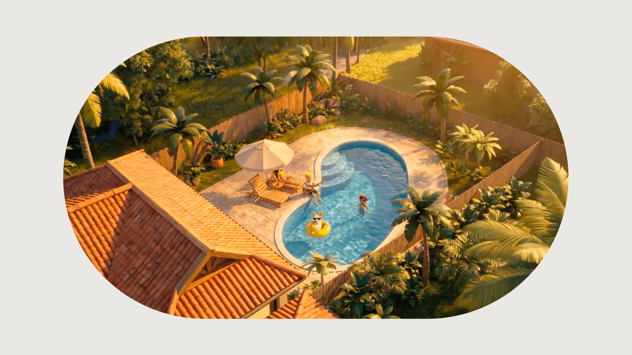 An aerial 3D render of a sunny backyard pool scene where three animated characters and a corgi dog in a duck floatie are relaxing in and around the water.