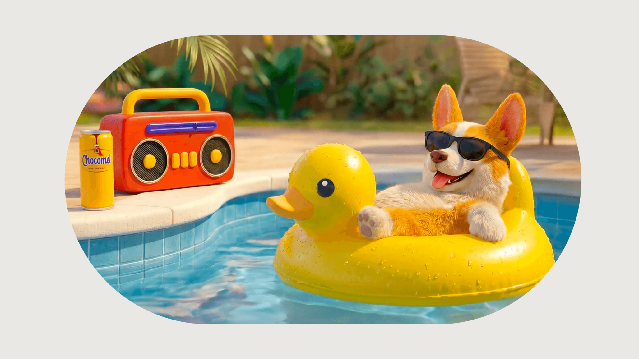 Close-up of a 3D animated corgi wearing sunglasses and relaxing in a yellow rubber duck pool float, with an orange boombox and a yellow can of Chocomel resting on the edge of the pool.