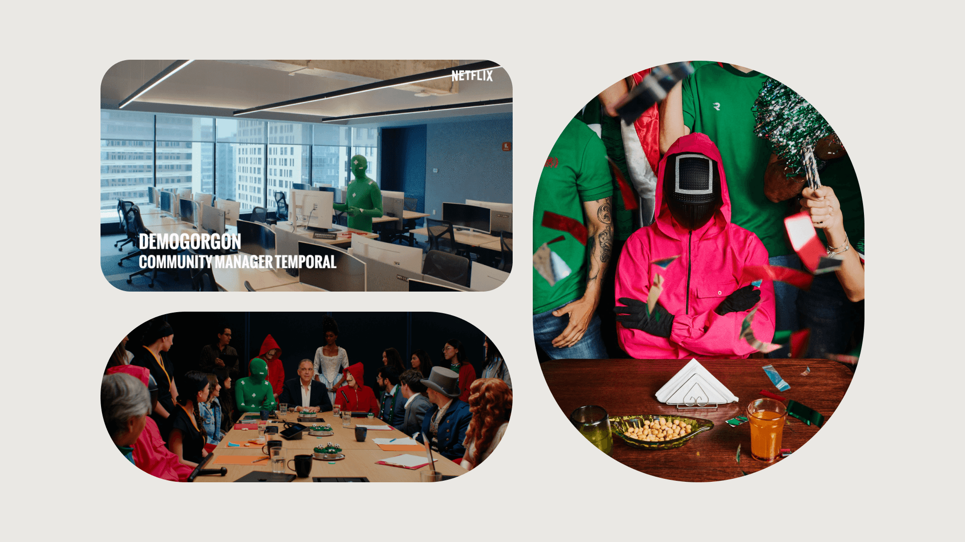 A collage of three scenes showing Netflix characters mixing with the real world: a green screen actor in an office labeled "DEMOGORGON," a standard business meeting surrounded by various costumed characters, and a Squid Game guard sitting unbothered amidst cheering sports fans at a watch party.
