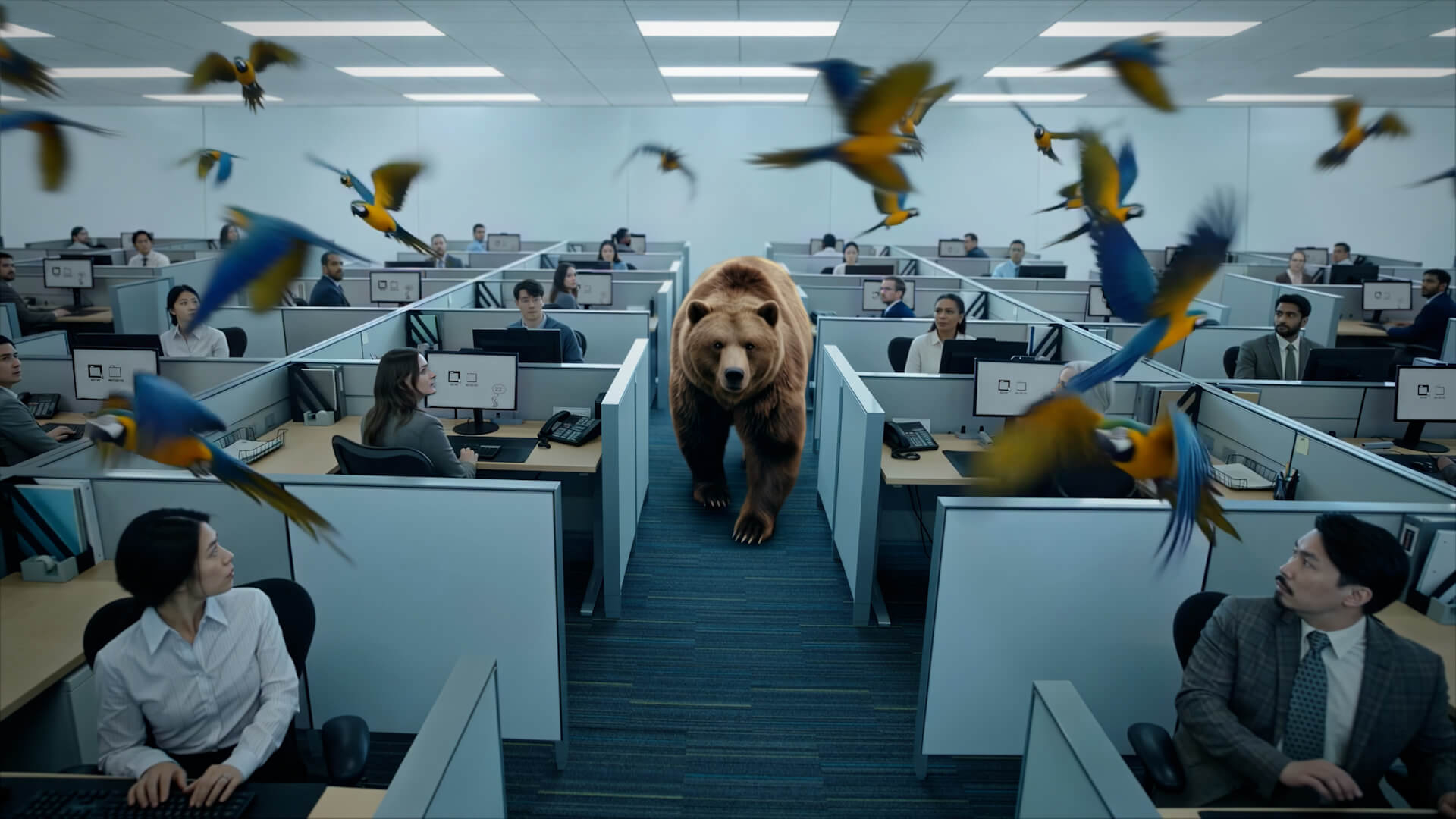 A large brown bear walks down the central aisle of a sterile office, filled with cubicles. Numerous blue-and-yellow macaws are flying around the office space, above the heads of the employees, who are looking up from their computers with expressions of surprise and bewilderment.