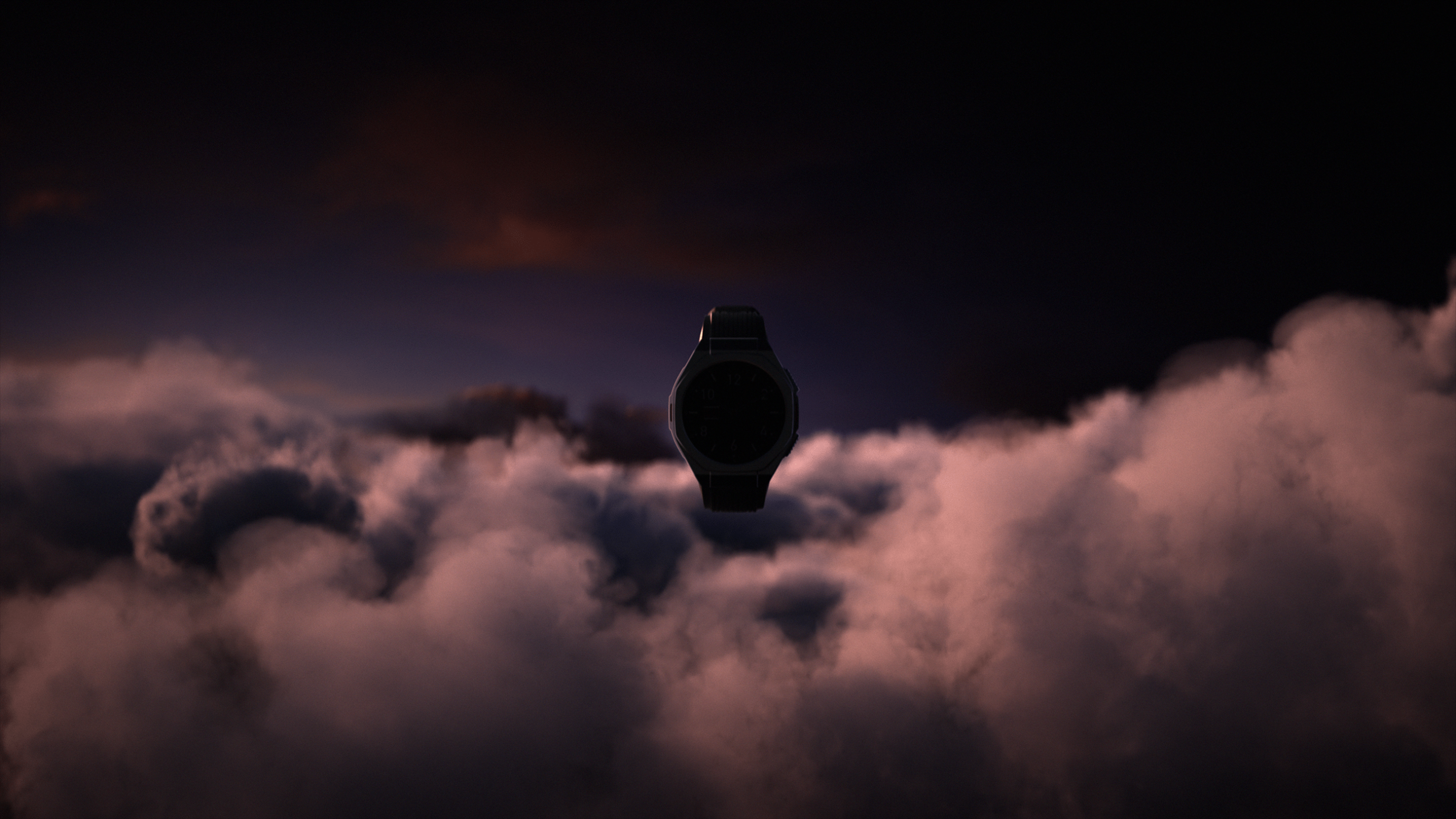 Hyper realistic animation of a boAt_Enigma watch floating above the clouds.