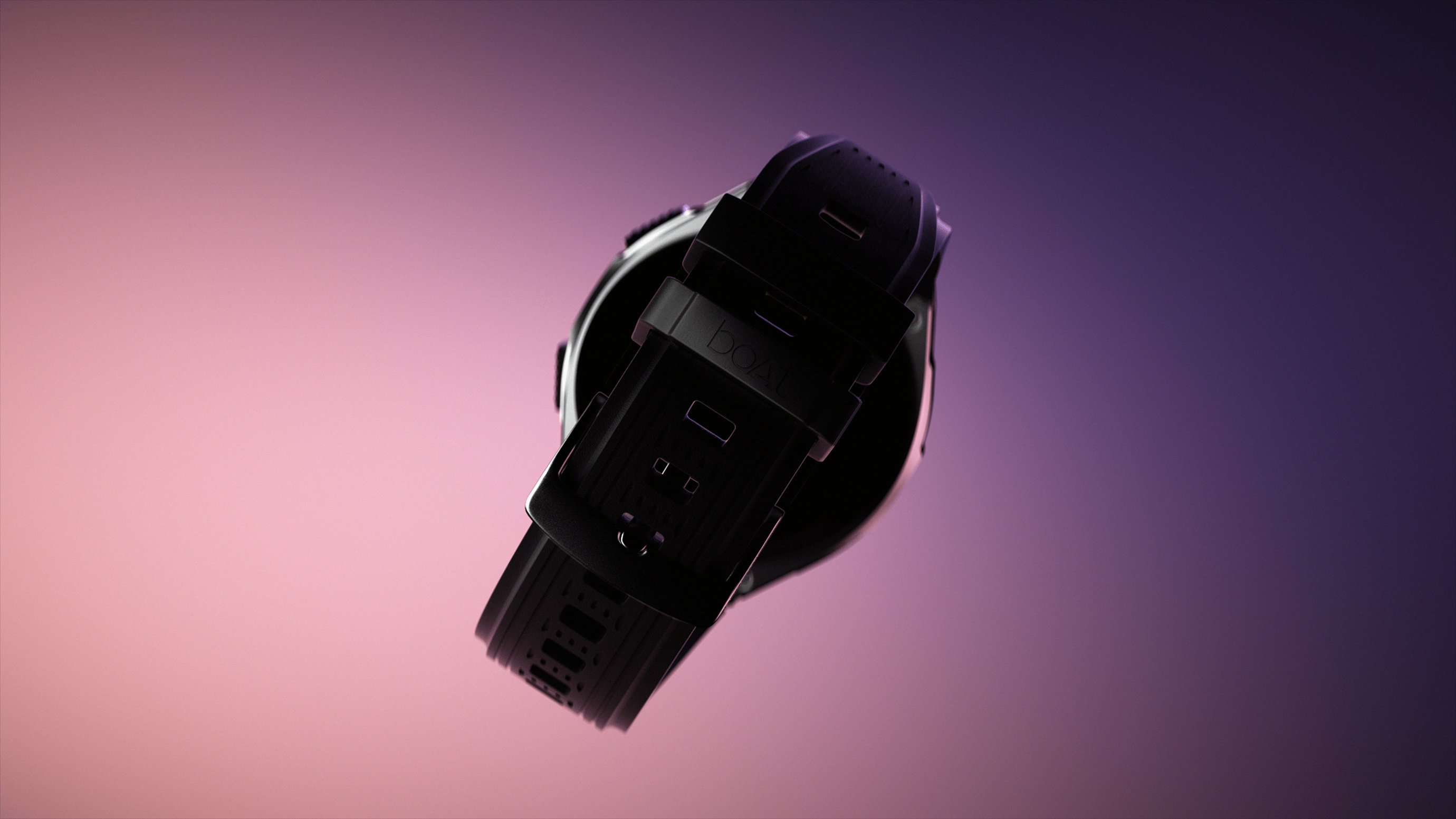 Hyper realistic animation of a boAt_Enigma watch seen from the back on a light pink and purple gradient background. 
