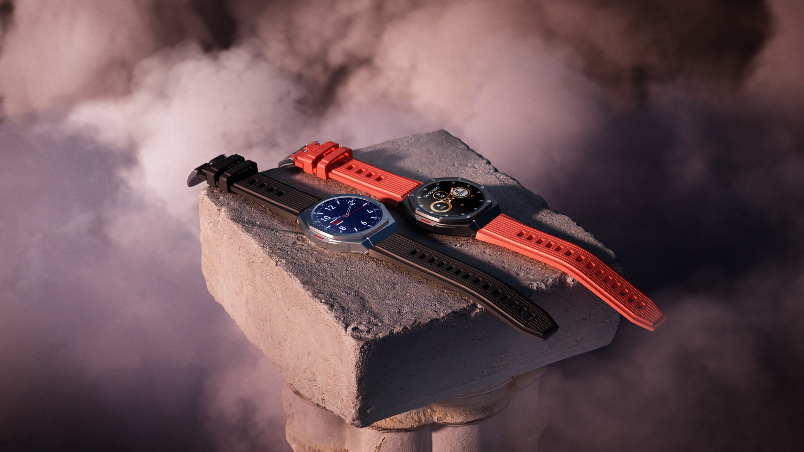 Two hyper realistic animation of a boAt_Enigma watch laying on a rock with clouds in the background.