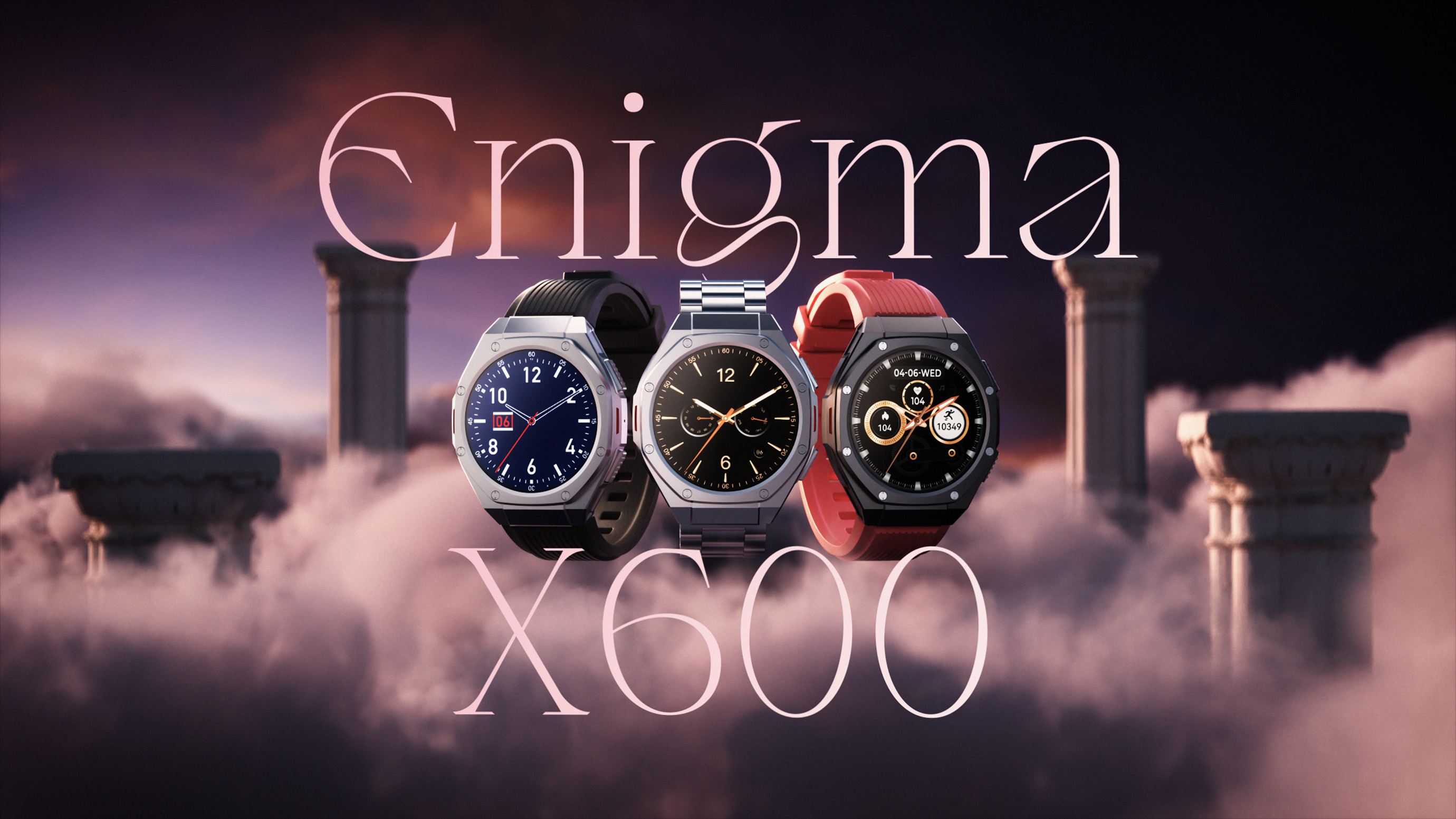 Hyper realistic animation of an overview of boAt_Enigma watches. In the background there is a blurry world of clouds and roman style columns.