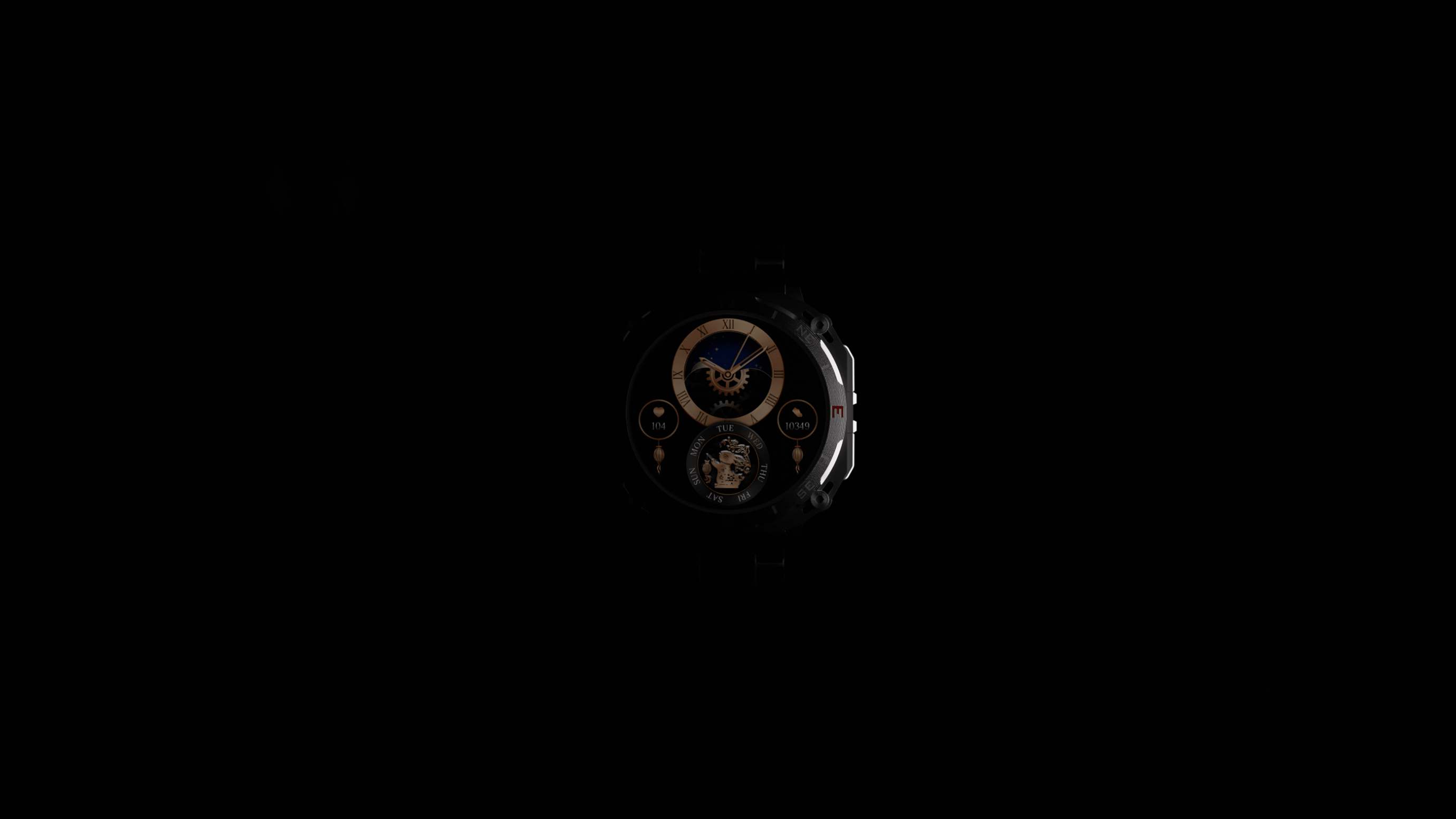 Hyper realistic animation of a boAt_Enigma watch in a dark background with only the clockwork visible in the middle.