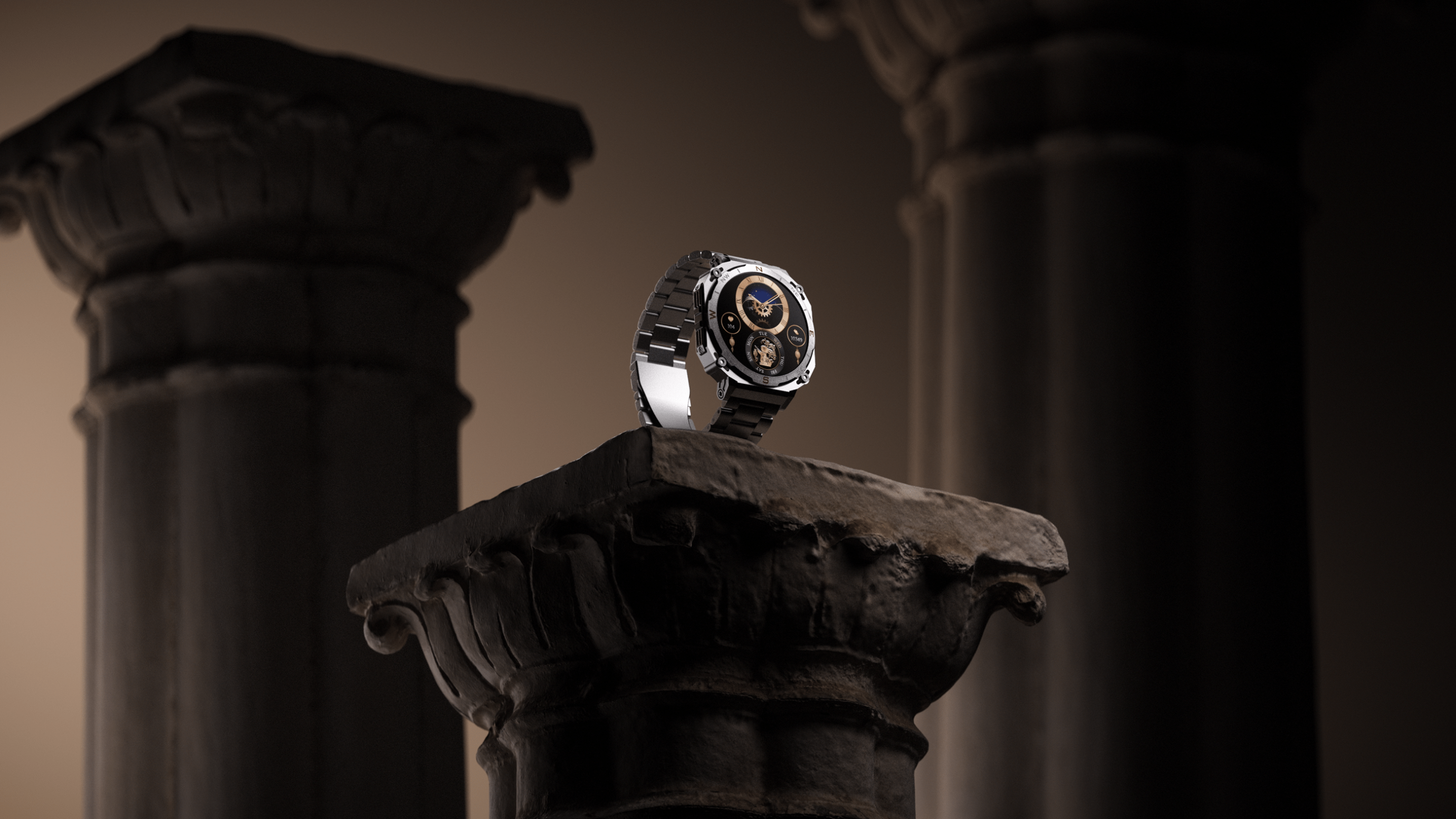 Hyper realistic animation of a boAt_Enigma watch on a roman style column.