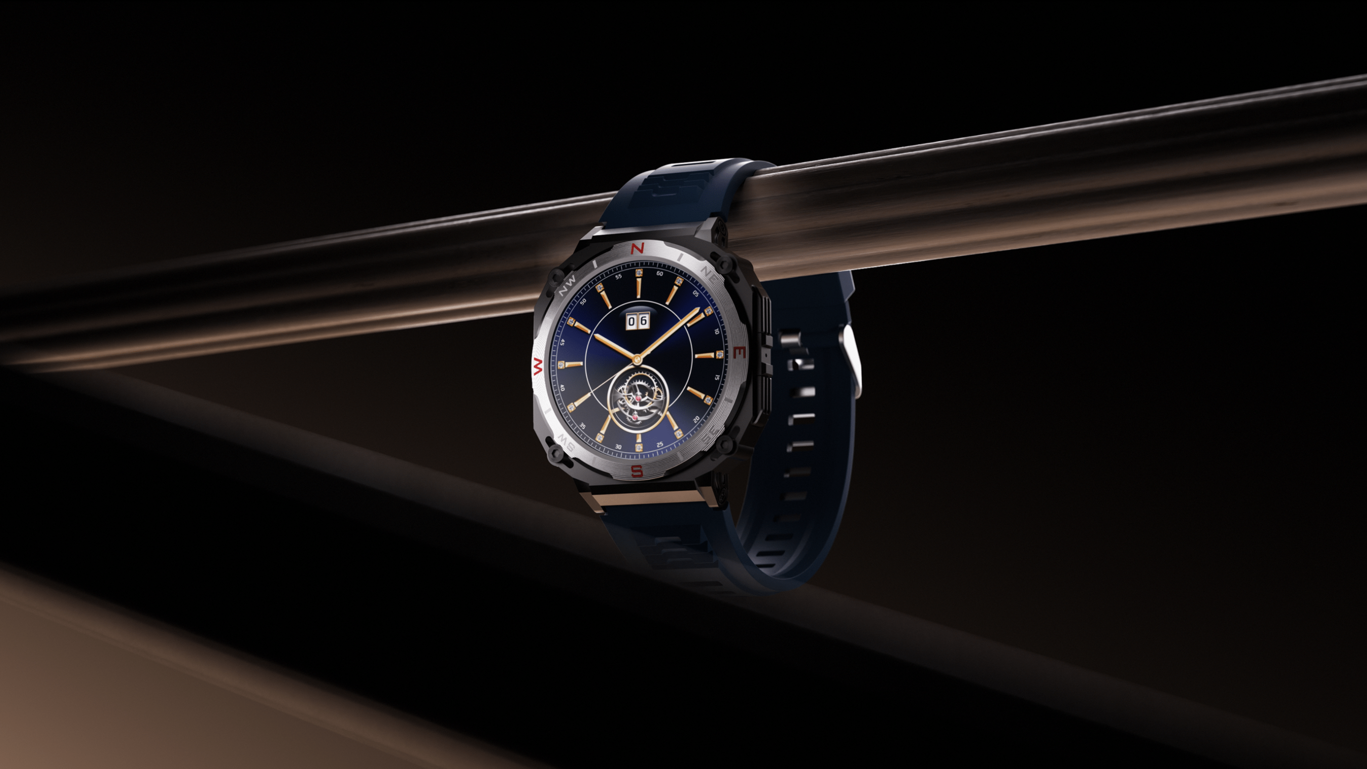 Hyper realistic animation of a boAt_Enigma watch hanging from a bar.