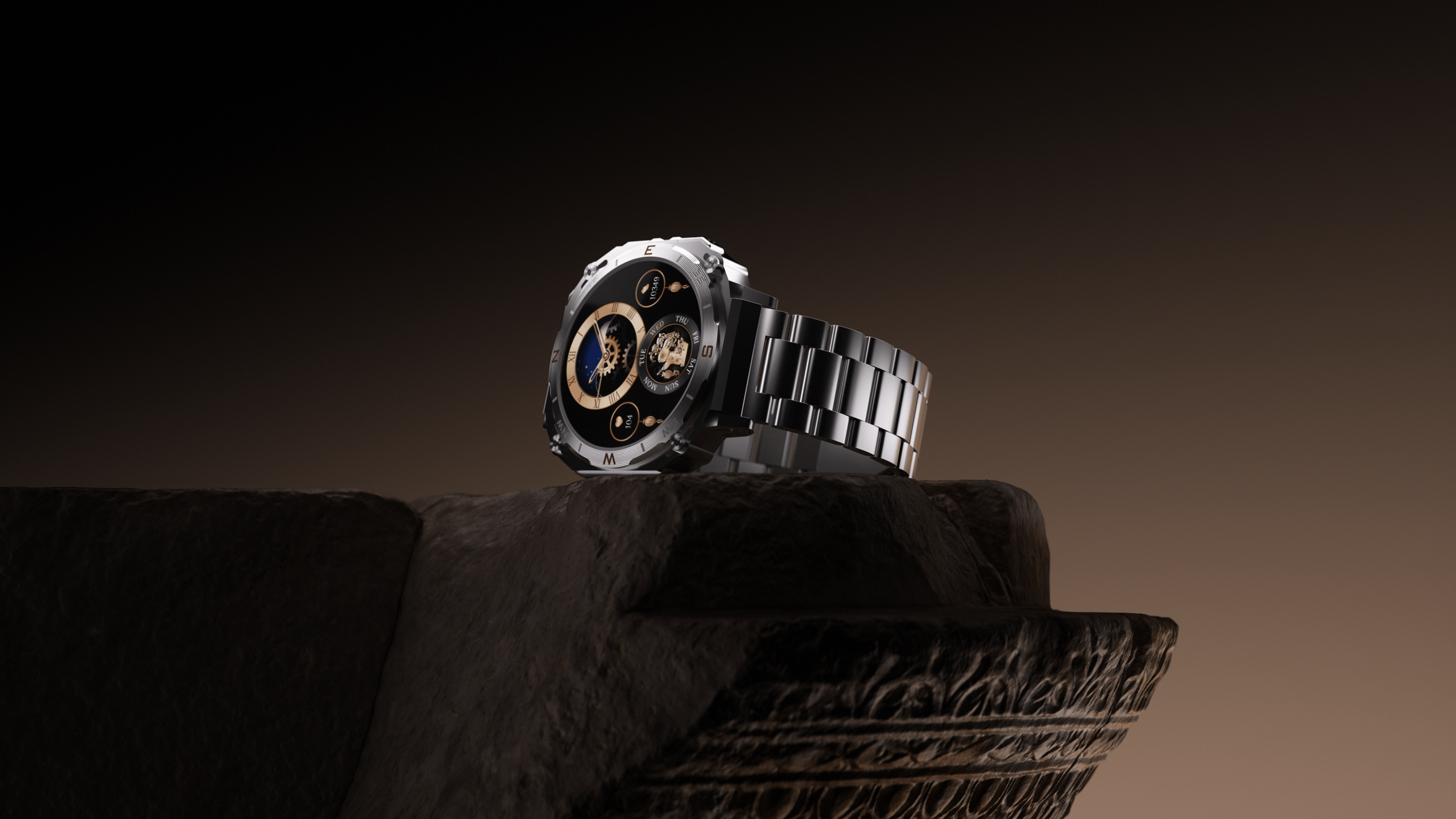 Hyper realistic animation of a boAt_Enigma watch placed on a roman style column.