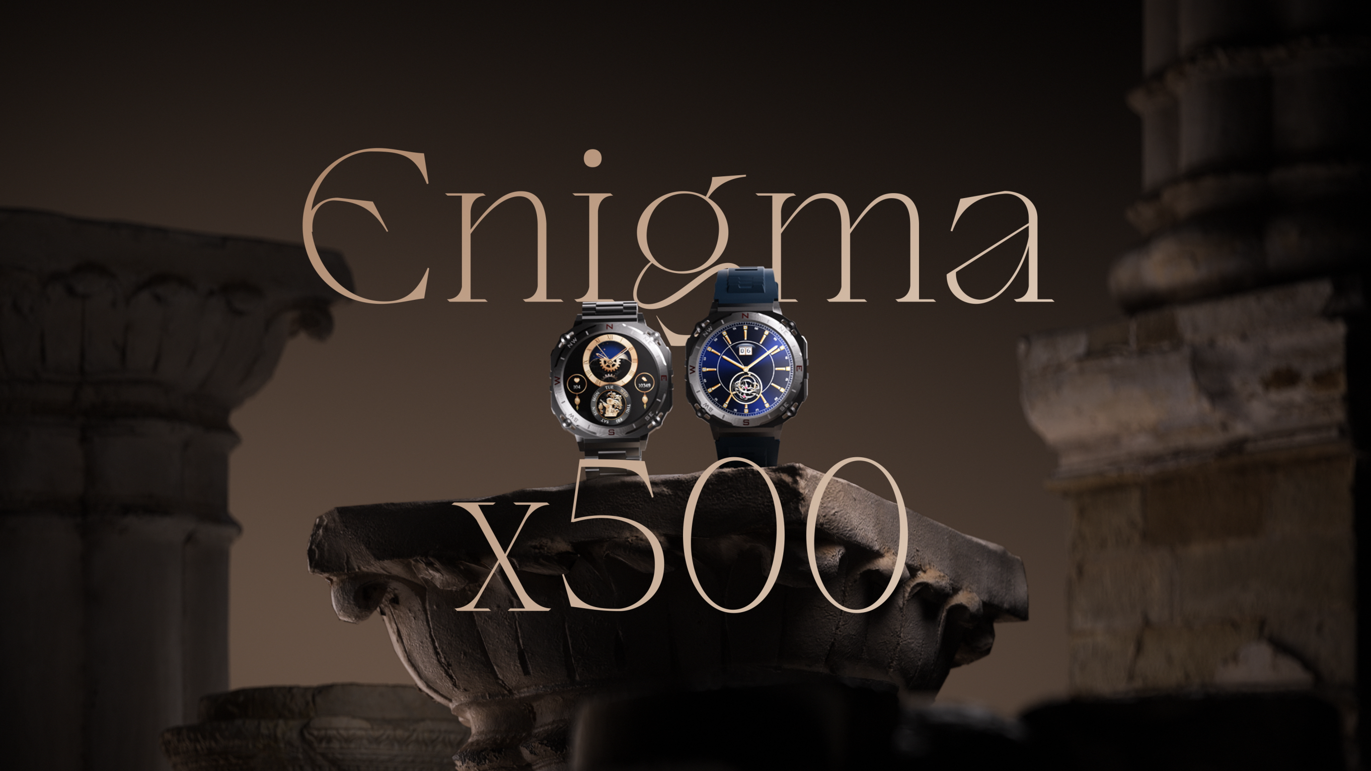  Hyper realistic animation of two boAt_Enigma watches placed on a roman style column.