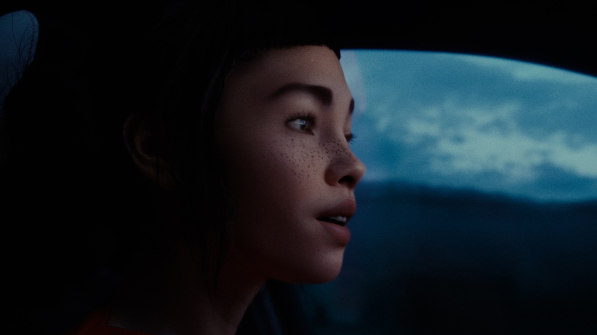 Lil Miquela seen from the side. She sits in the New BMW X2 and drive to the sunrise.