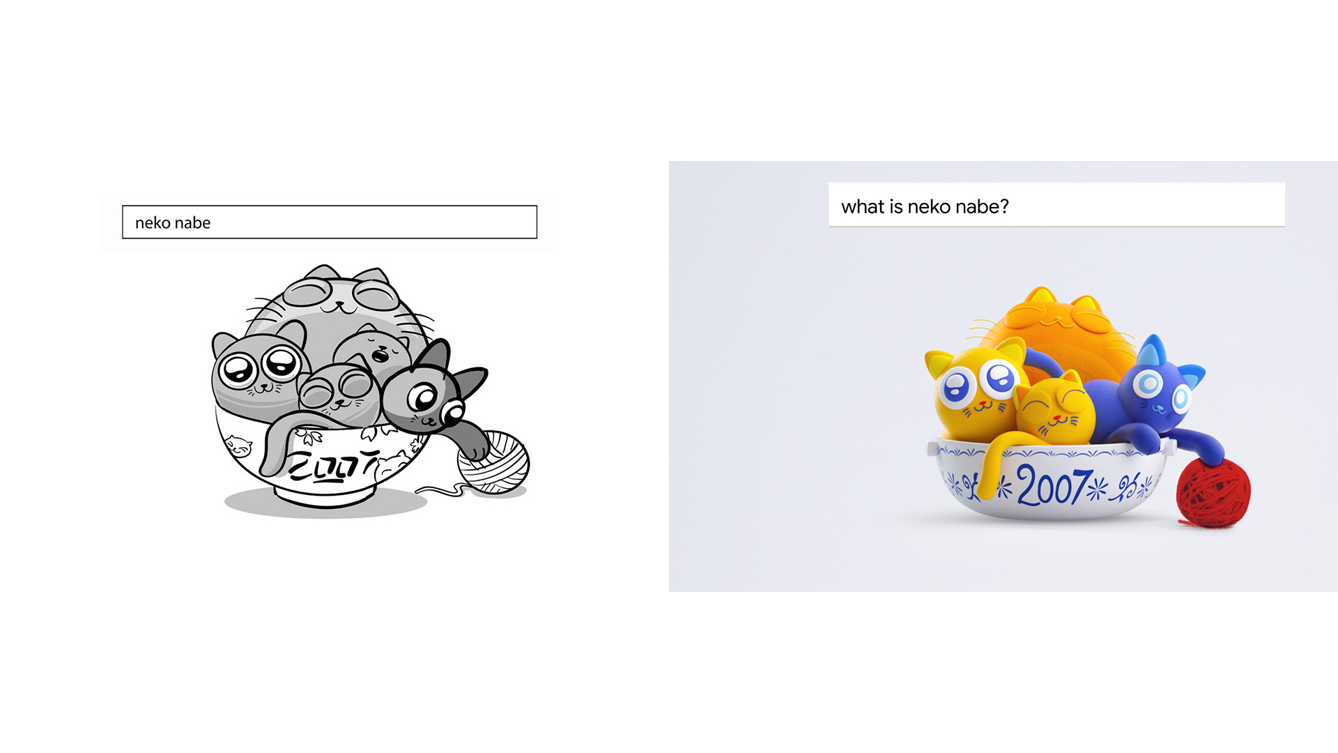 Two animations next to each other. The first one shows a black and white animation of a bowl with klittens in it. The other animation shows the same frame but animated in 2D and with colour. 