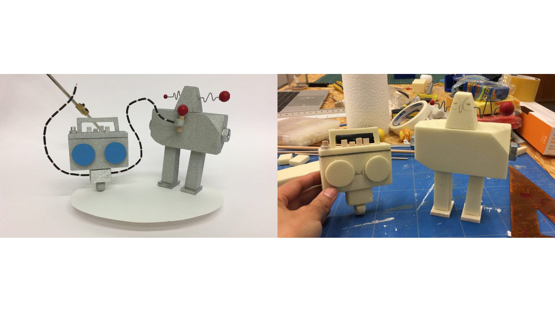 Two frames with in the first frame a collage of a robot holding a microphone that's attached to a radio. In the second frame you see this built out in a clay form.