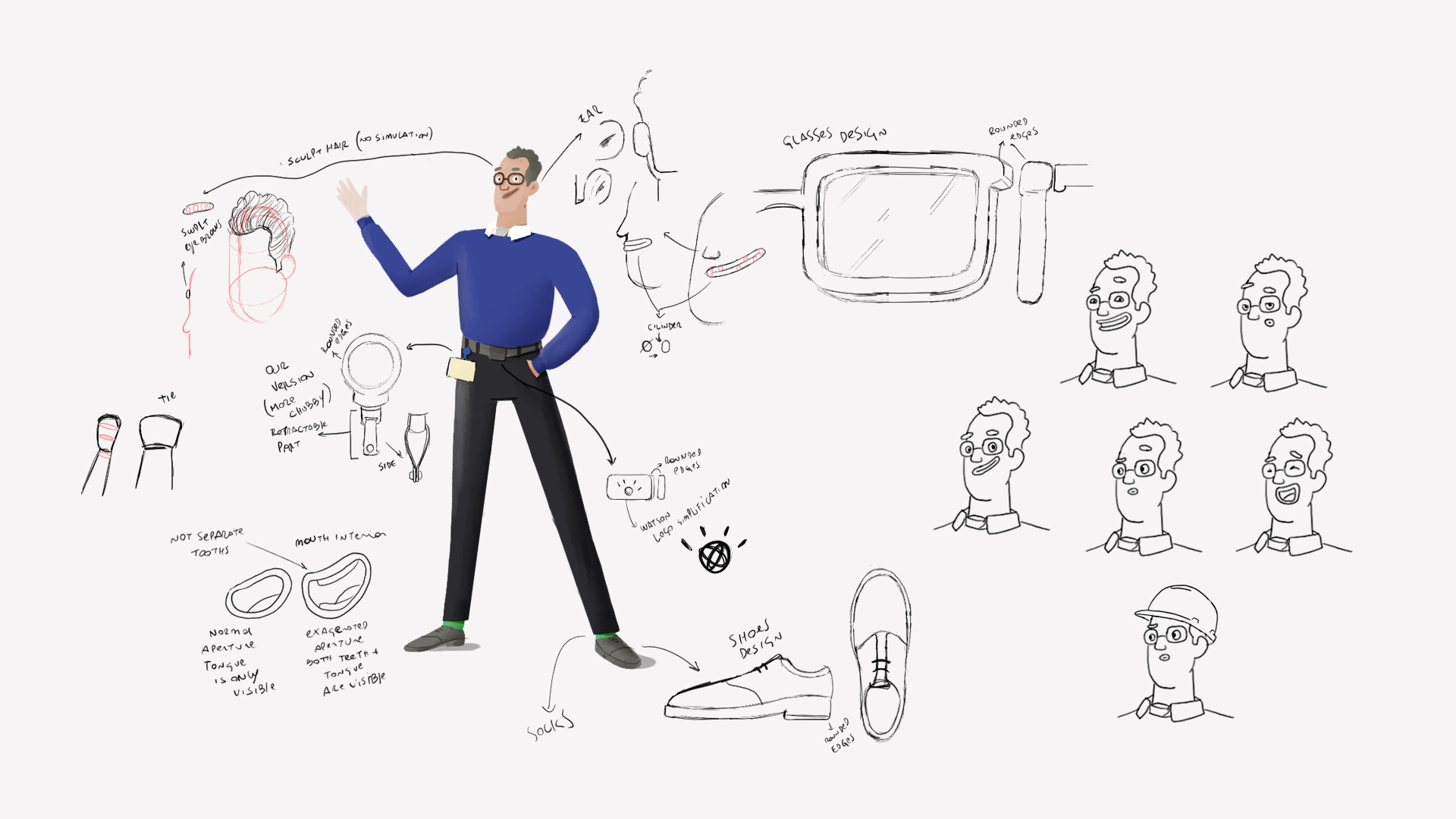 Concept animation of the hero figure surrounded by explorations of his shoes, facial expression and mouth.