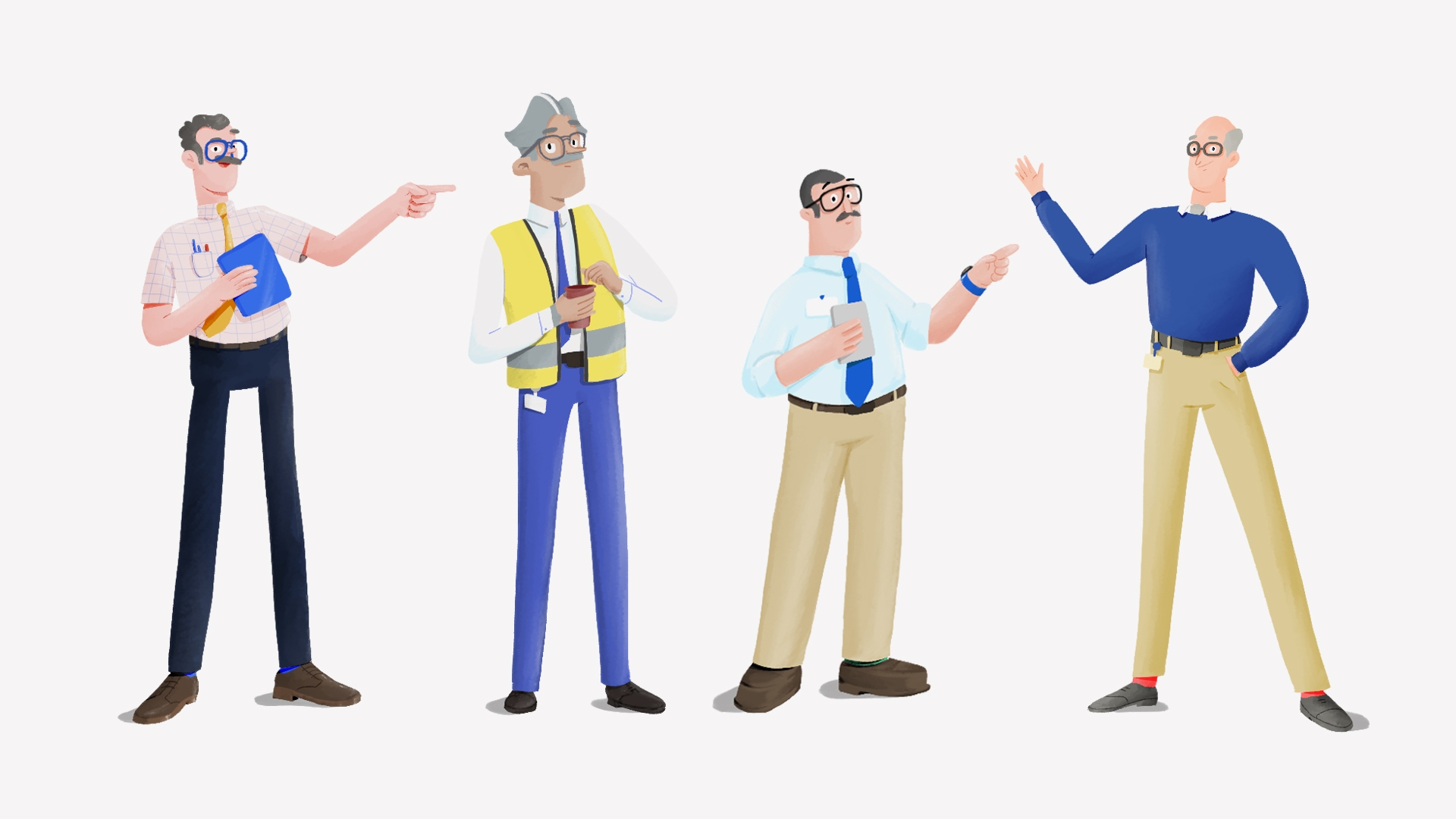 Animation of 4 different characters. All males with glasses with an office appearance