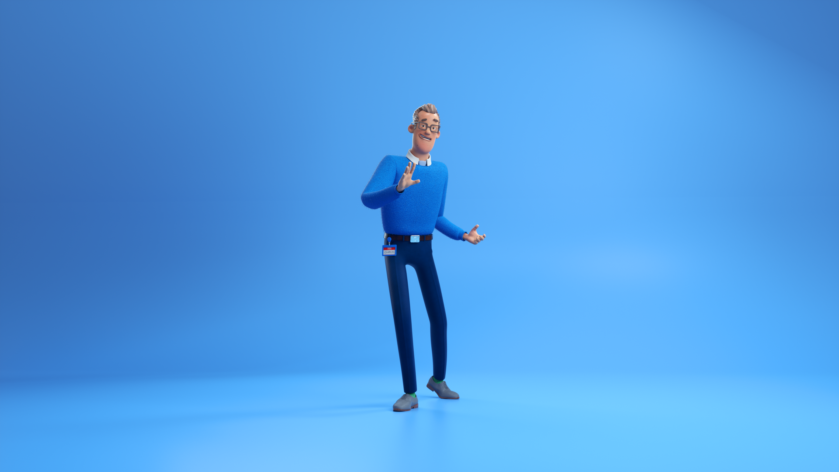 Animation of two IT Characters & assets details. The hero character is situated on a blue background.